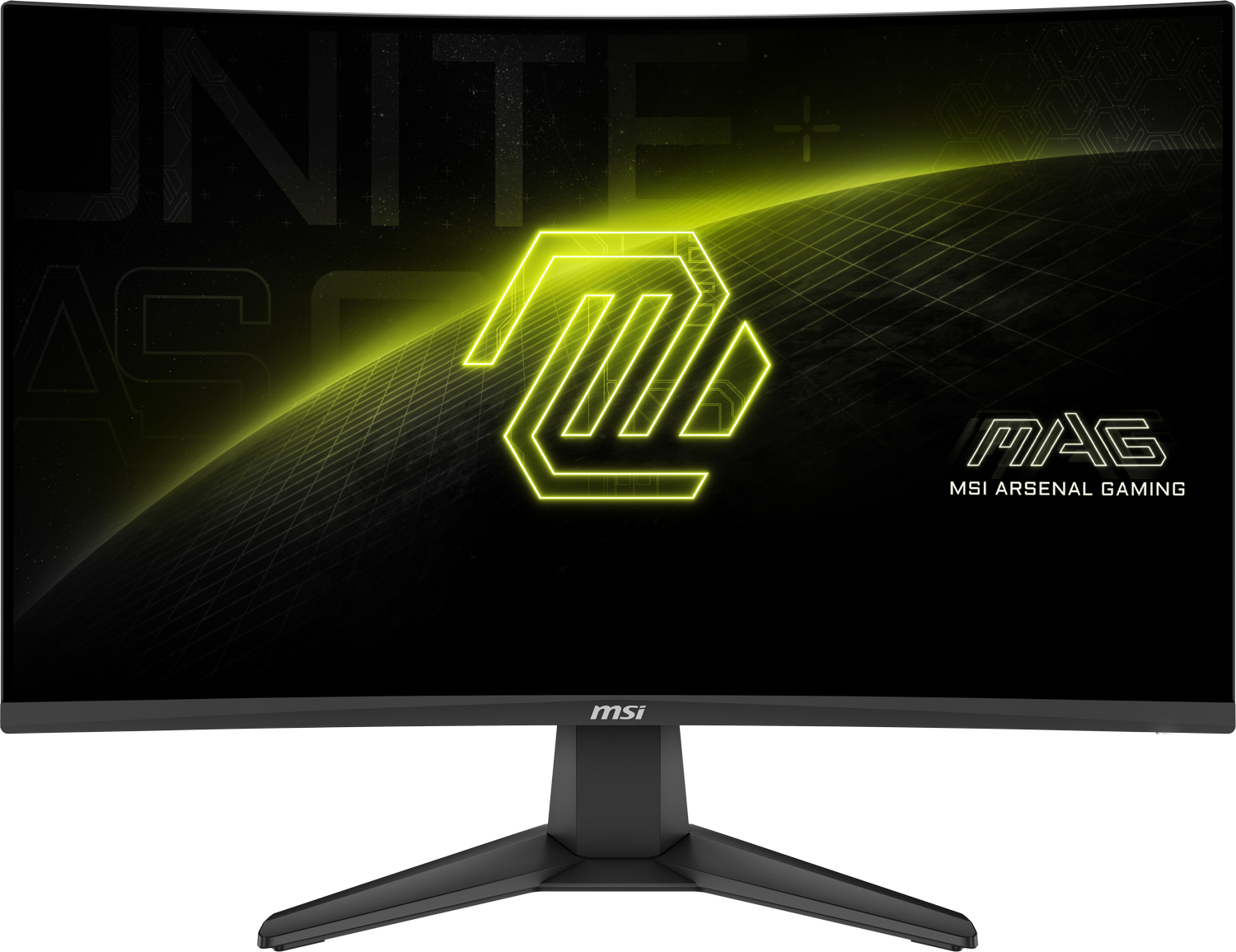 Monitor gaming MSI curvo. Marco negro con logo y texto amarillos. Soporte negro. Pantalla con logo amarillo neón.