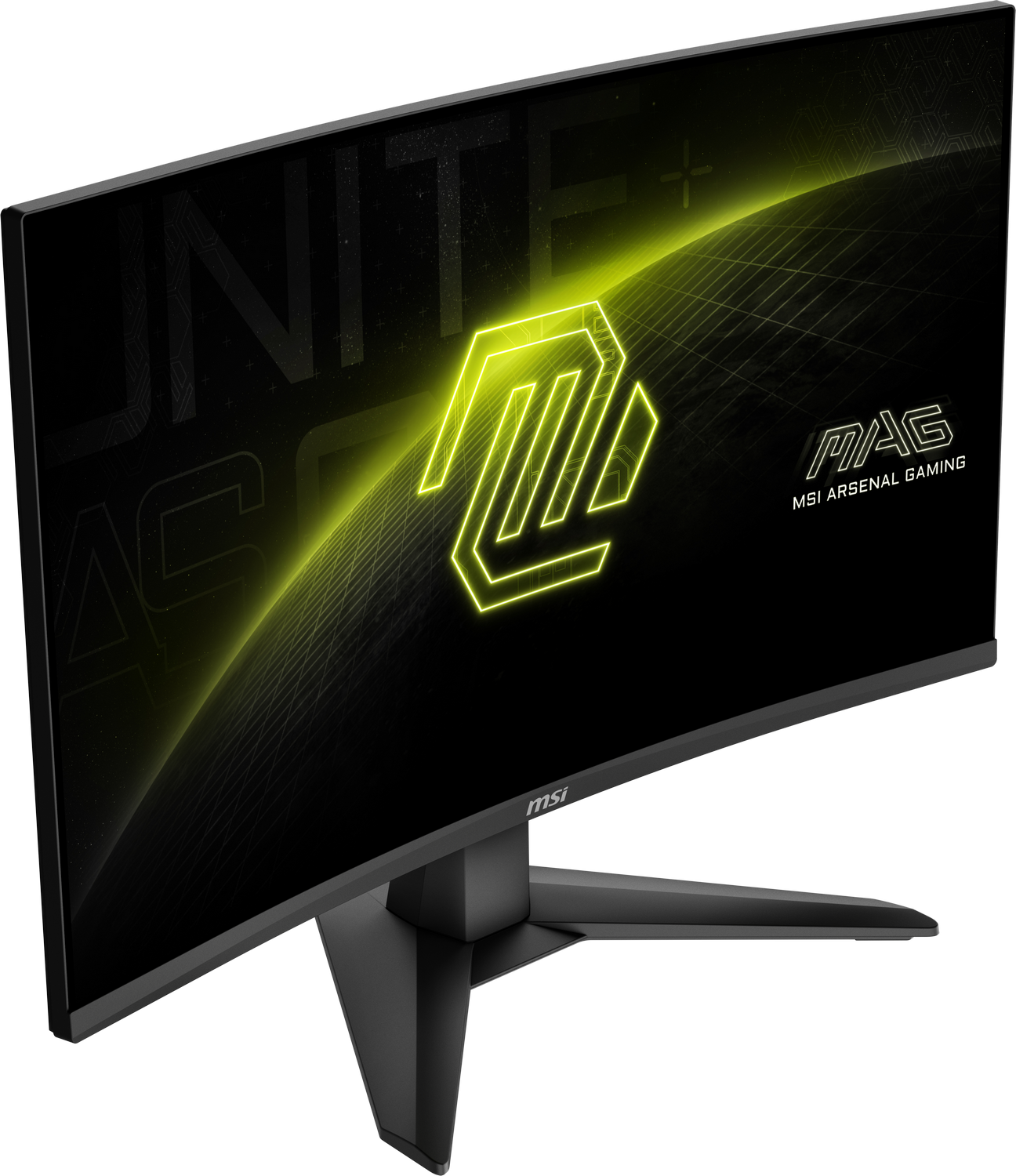 Monitor curvo MSI gaming. Marco, soporte y base negros. Logotipo y texto verde neón en pantalla sobre fondo negro.