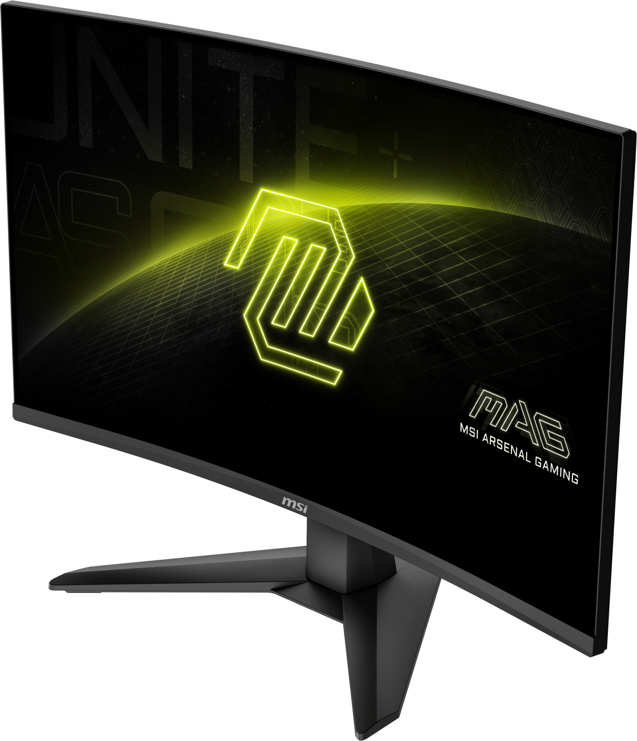 Monitor curvo MSI gaming. Marco negro con logo MSI. Logotipo verde neón en el centro. Soporte negro. Fondo gris.