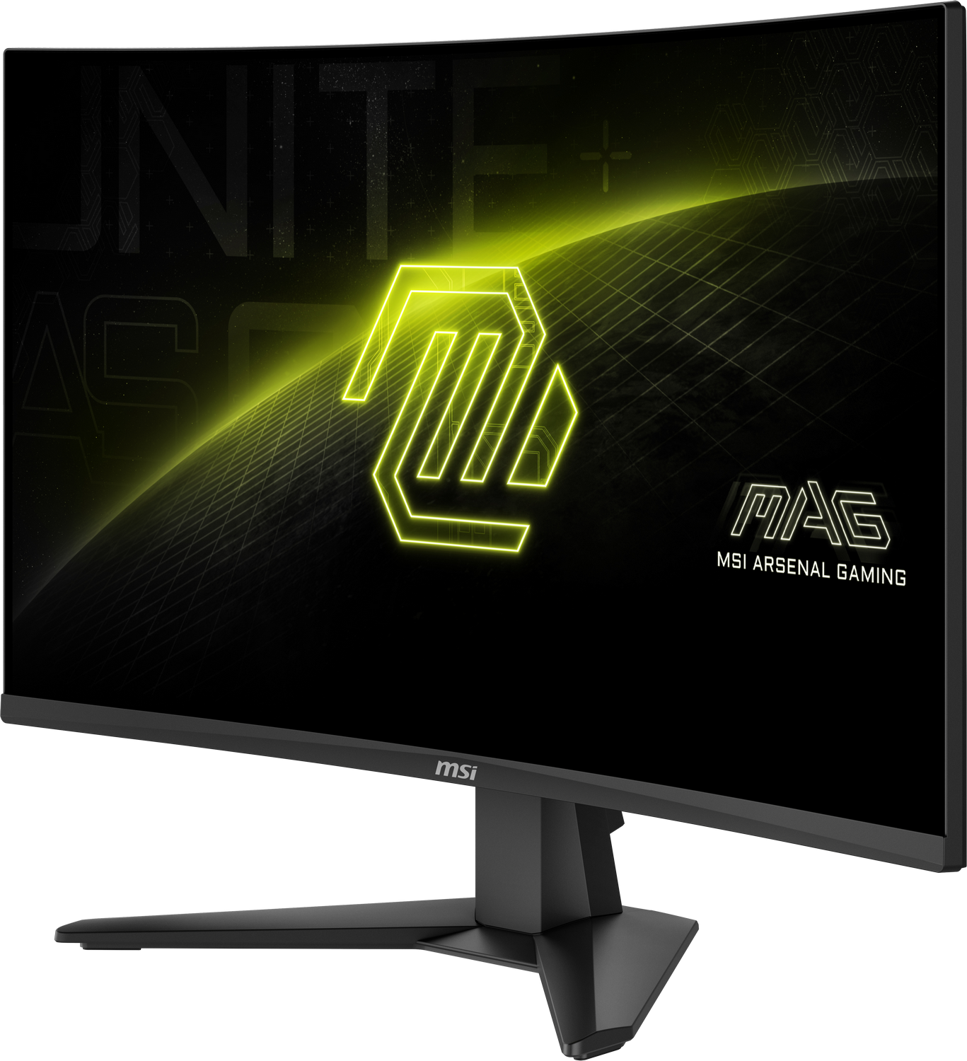 Monitor curvo MSI para juegos. Marco negro, soporte. La pantalla muestra un logotipo y texto verde neón sobre fondo negro.