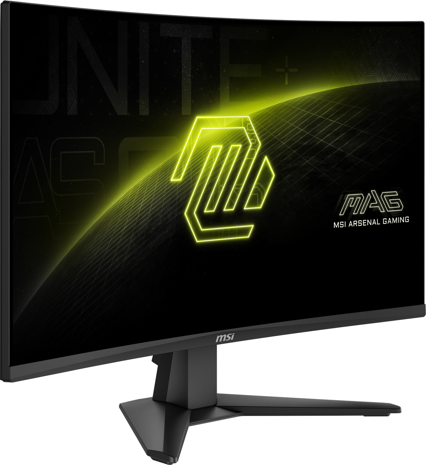 Monitor curvo MSI para juegos. La pantalla muestra un logotipo verde neón sobre fondo negro. El soporte es gris oscuro.