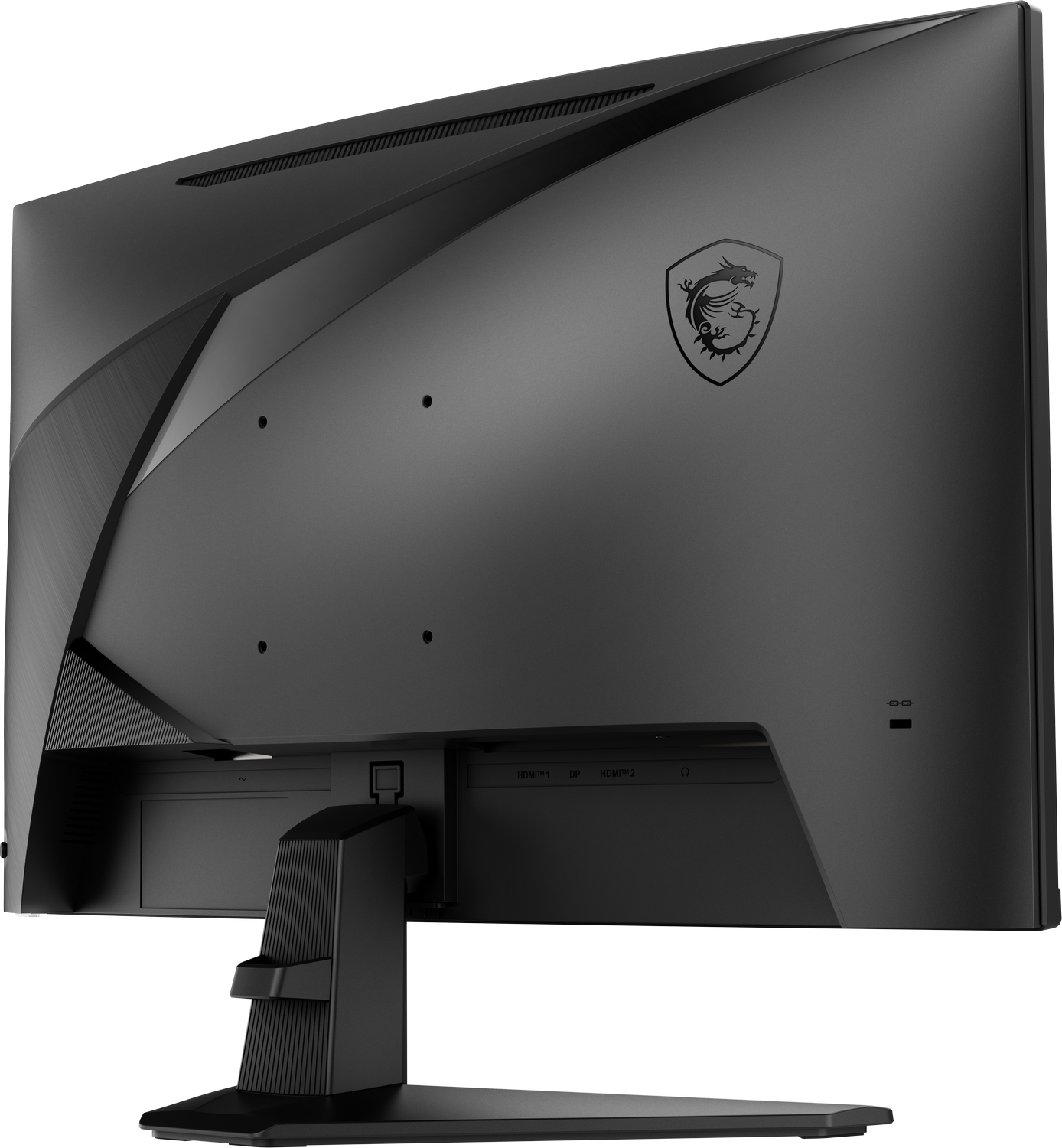 La parte trasera de un monitor MSI negro. Tiene el logotipo de la marca, puertos HDMI y DP, y un soporte. El fondo es gris.