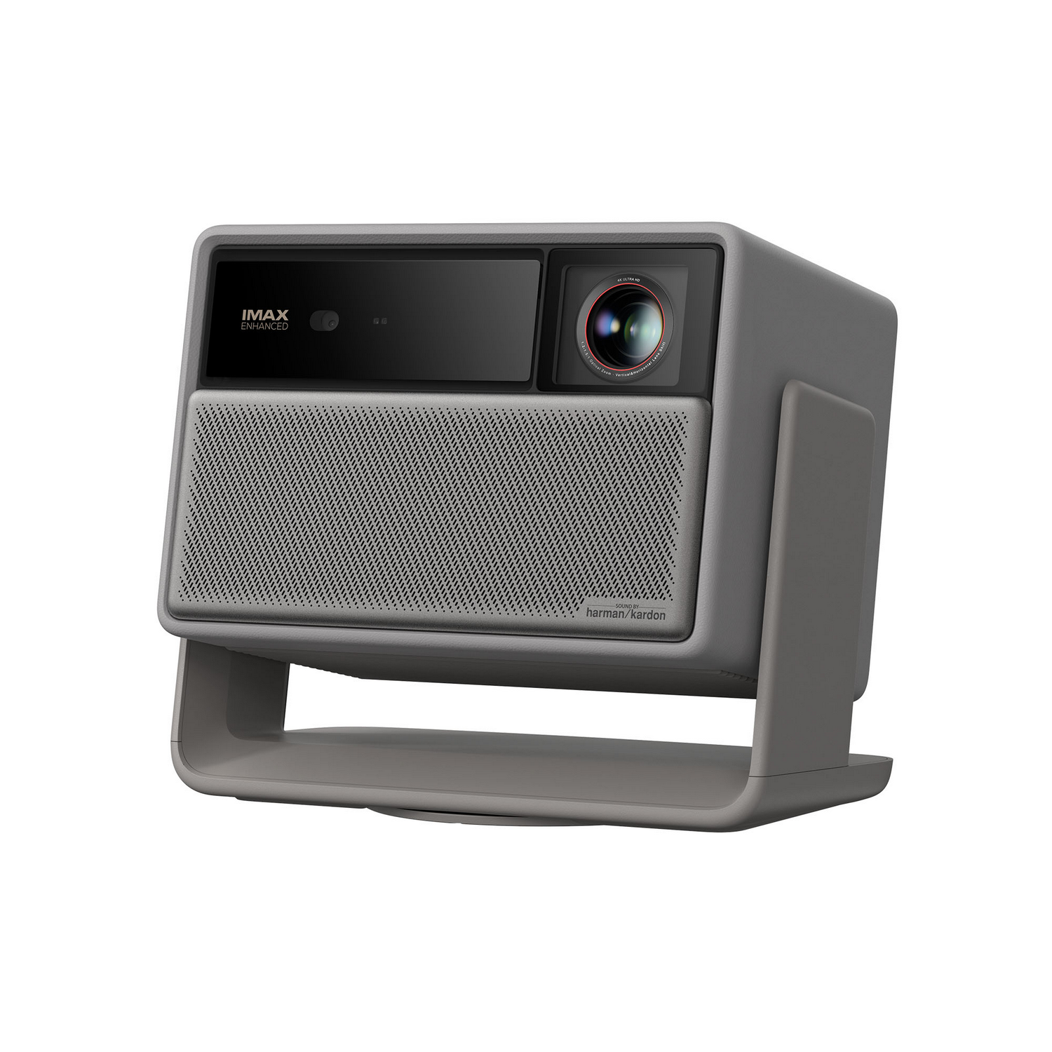 Un proyector gris con lente y altavoz. Tiene los logotipos 'IMAX Enhanced' y 'harman/kardon'.
