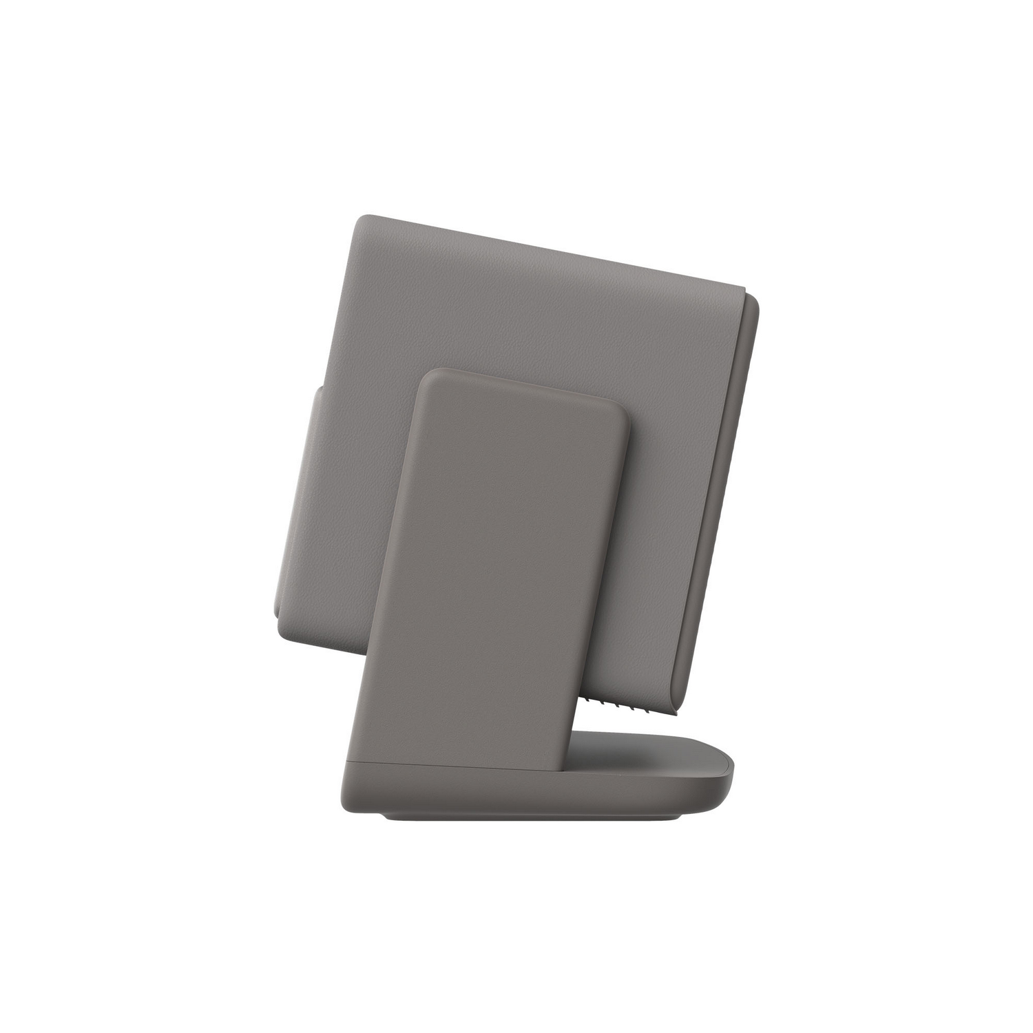 Una tableta gris en un soporte. La tableta está en ángulo y el soporte está diseñado para sujetarla de forma segura. El fondo es blanco.