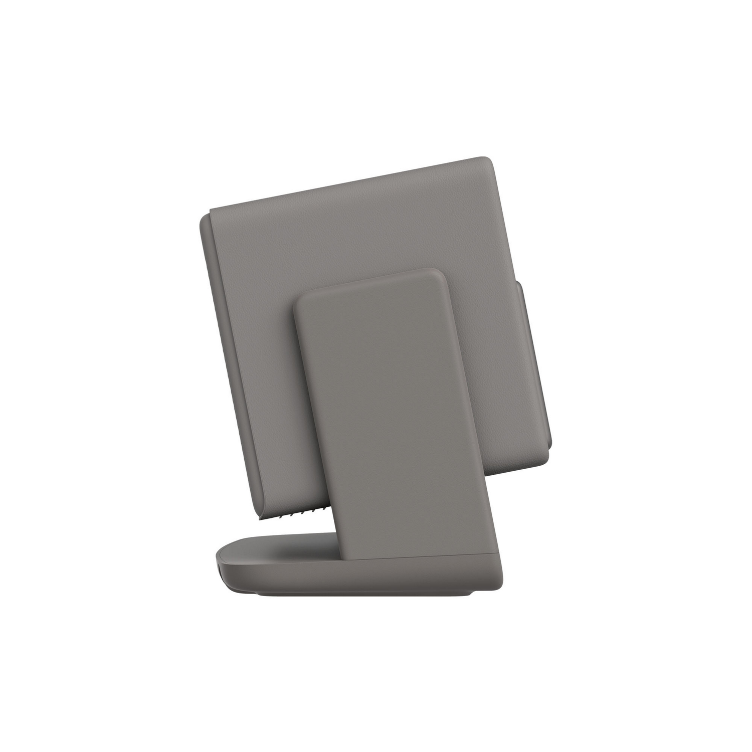 Una tableta gris con soporte. La tableta está en una funda gris y ligeramente inclinada. El soporte es de un color gris más oscuro.