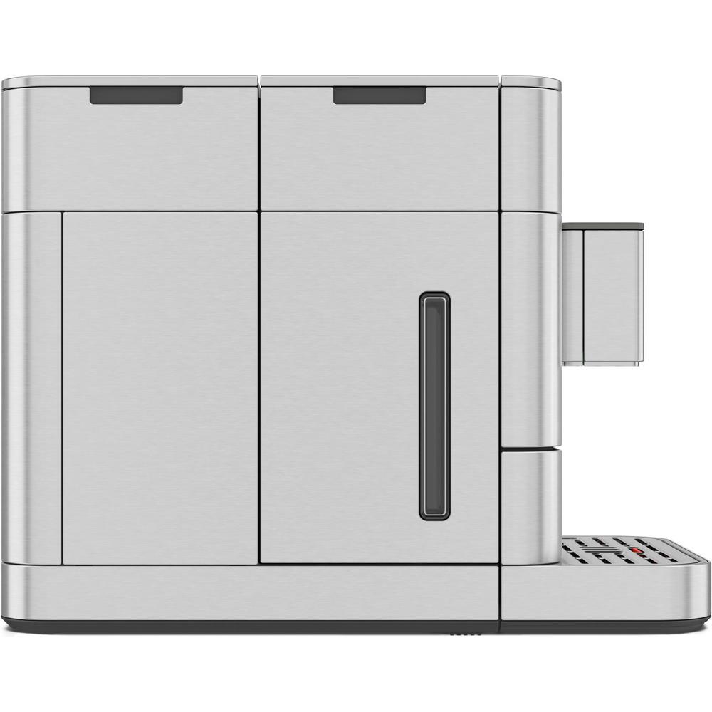 Vista lateral de una máquina de espresso plateada. Tiene compartimentos, un indicador de nivel de agua y un área de dispensación.