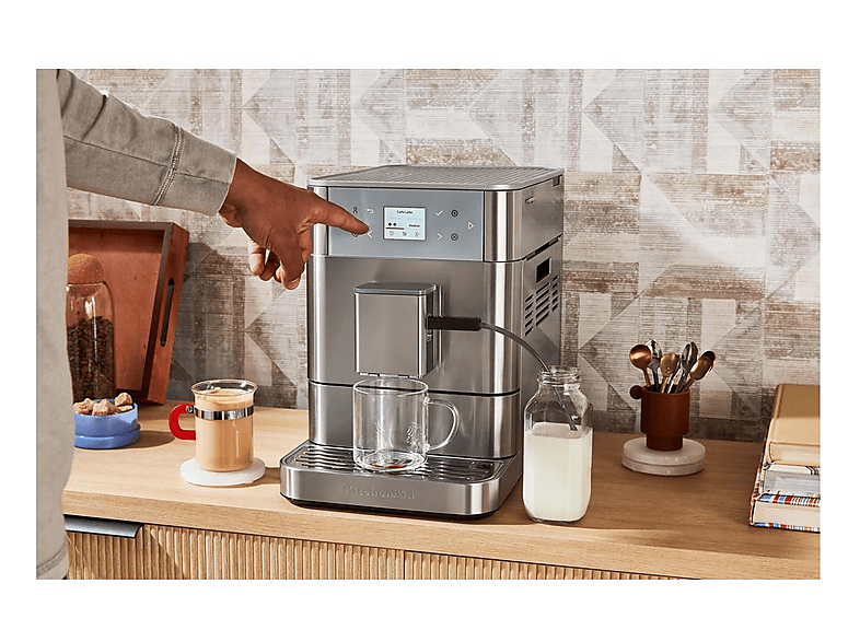 Cafetera express - KitchenAid 5KES8556ESX, 15 bar, 1450W, 2 Tazas, Pantalla a color de 6cm, Depósito 2.2L, Limpieza Automática, Acero inoxidable