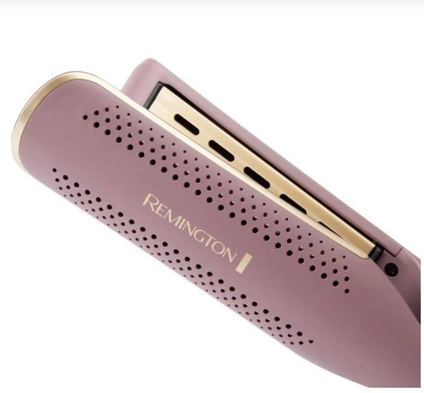 Primer plano de una plancha de pelo Remington. Tiene un cuerpo malva con perforaciones, detalles dorados y el logo de Remington.