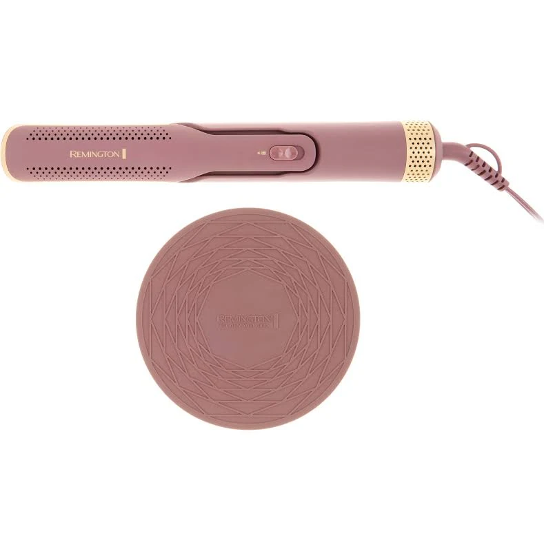 Una herramienta de peinado Remington con base redonda. La herramienta es rosa con detalles dorados. La base es una alfombrilla rosa estampada.