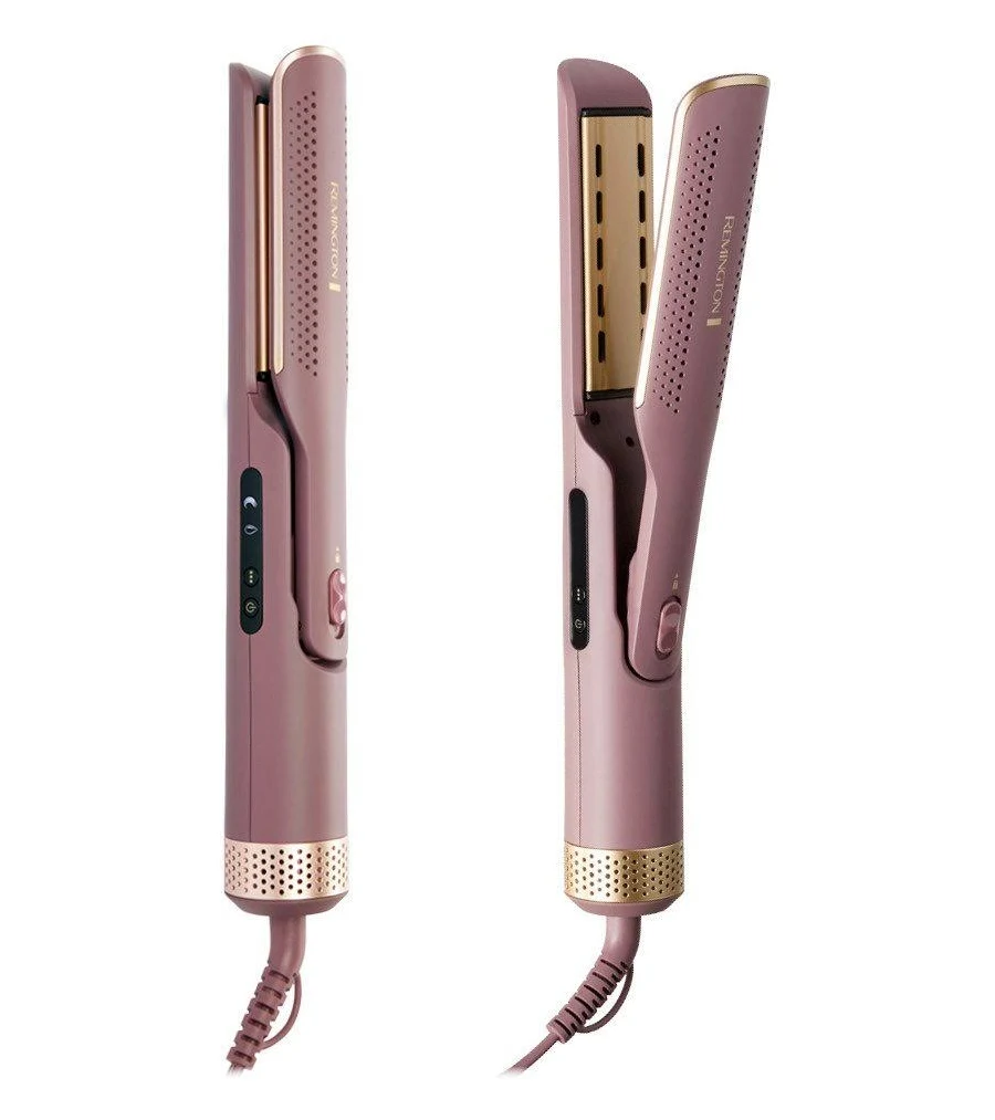 Dos planchas para el cabello malva y doradas. Una está cerrada, la otra abierta. Ambas tienen cable.