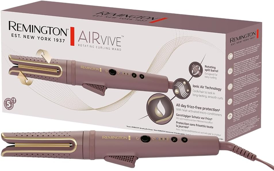 Se muestra un rizador Remington AirVvie, con la caja al fondo. La varilla es malva y dorada.