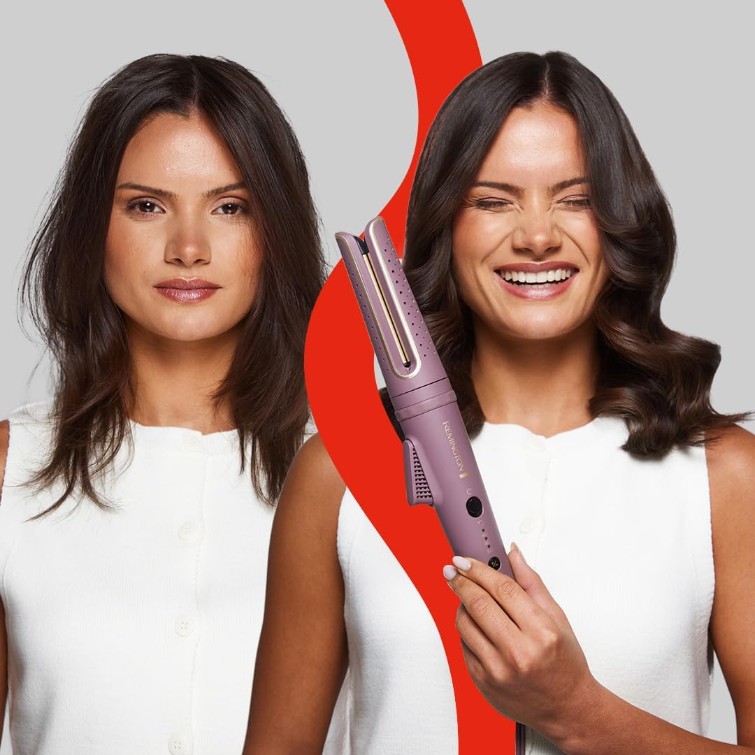 Mujer con cabello liso a la izquierda, sonriendo con cabello rizado y un rizador a la derecha. Raya roja divide la imagen.
