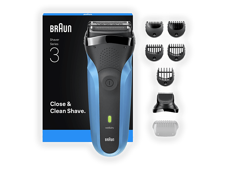 Immagine di Rasoio elettrico barba BRAUN Serie 3 Braun 310BT, 2 elementi di rasatura a lamina e 1 rifinitore centrale per i peli pi&ugrave; lunghi, 5 pettini da 1, 2, 3, 7 mm