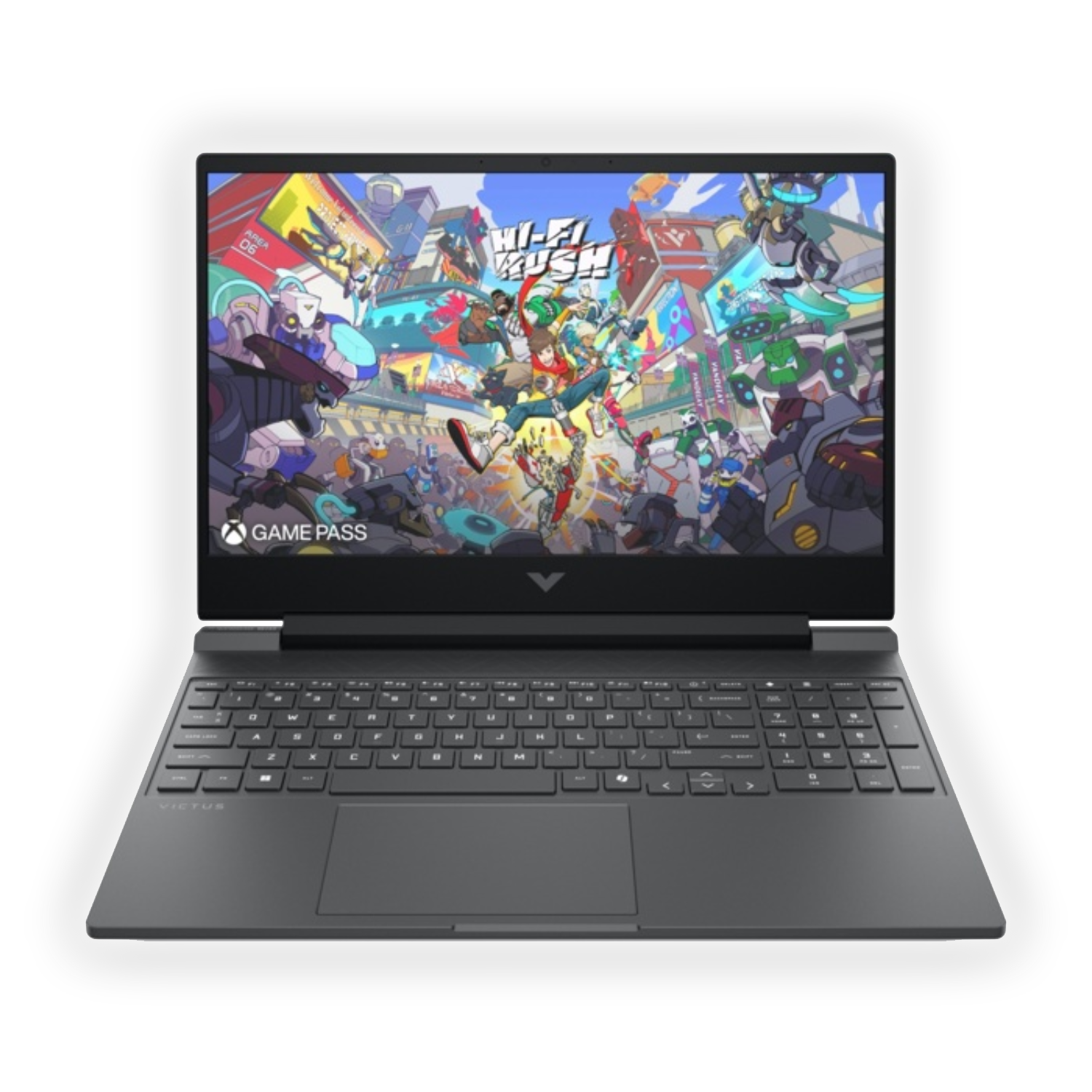 Un laptop grigio scuro che mostra una scena di gioco colorata. La tastiera è visibile. Lo schermo mostra 'Hi-Fi RUSH'.