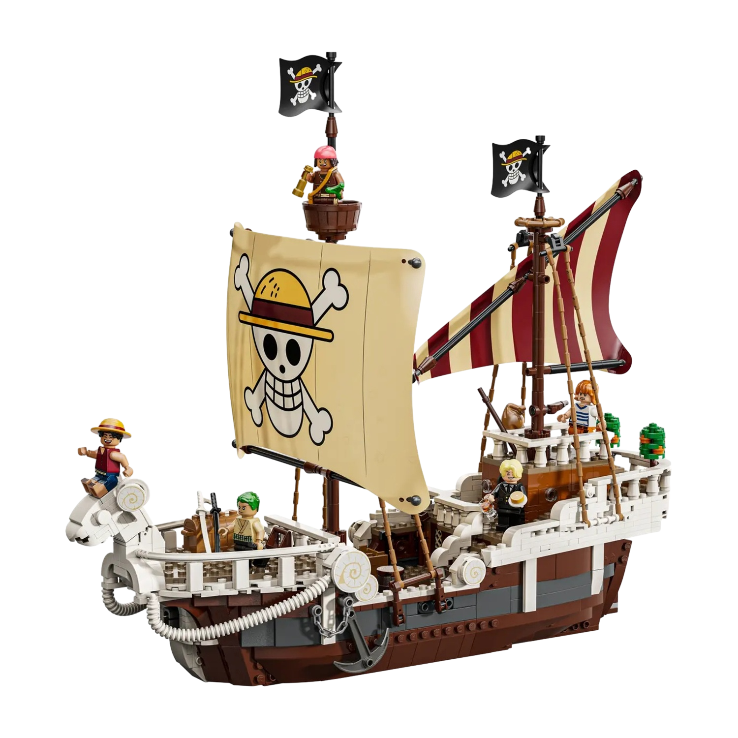 Una nave pirata Lego con vela con teschio e ossa incrociate, personaggi sul ponte e bandiere pirata. Nave marrone e bianca su sfondo nero.
