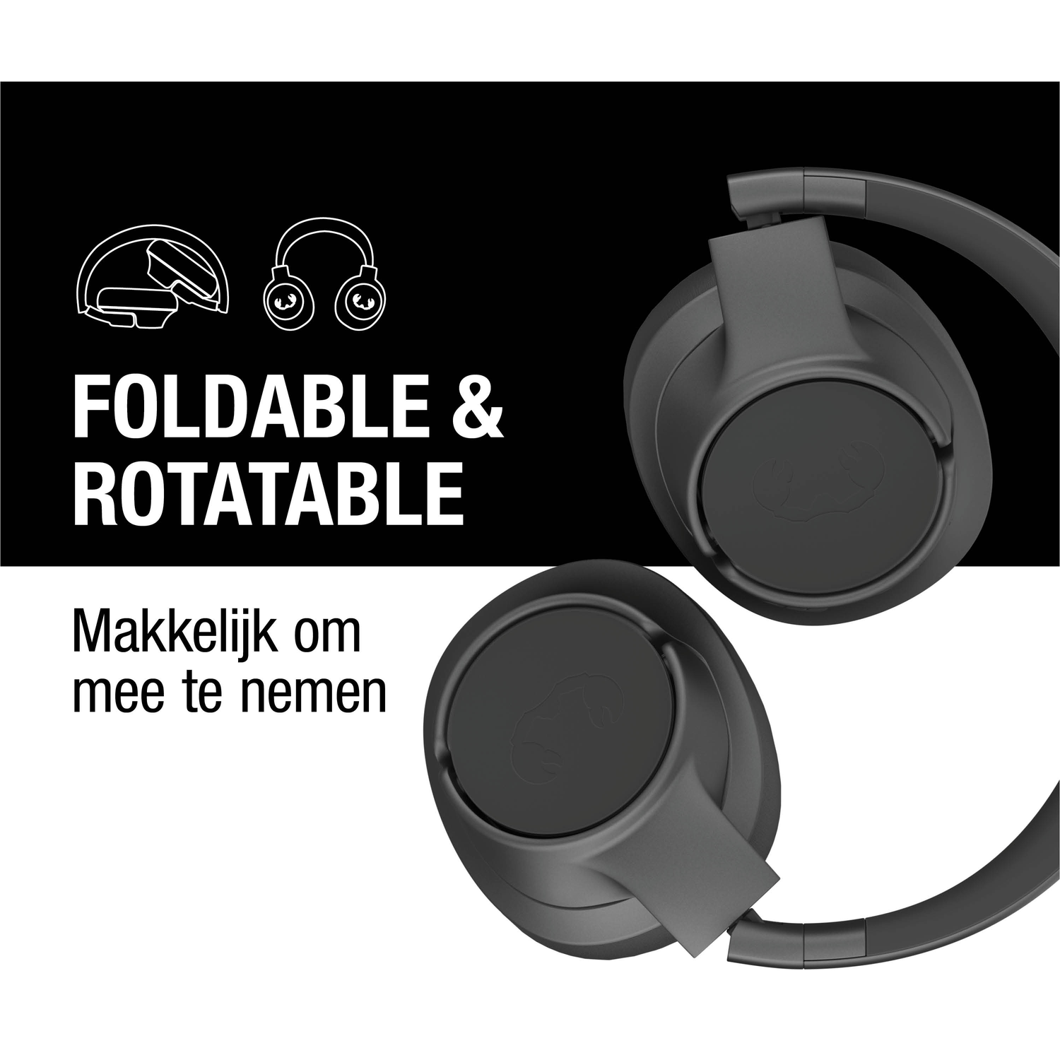 Zwarte hoofdtelefoon met de tekst 'FOLDABLE & ROTATABLE'. De tekst 'Makkelijk om mee te nemen' is ook zichtbaar. De achtergrond is zwart-wit.