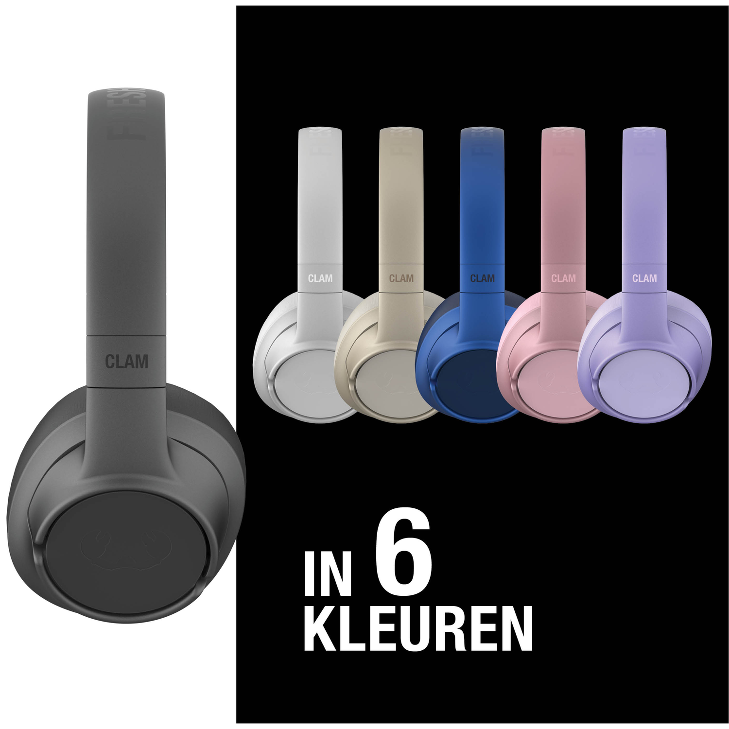 Hoofdtelefoons in zes kleuren: grijs, wit, beige, blauw, roze en paars. De tekst "IN 6 KLEUREN" is ook zichtbaar.