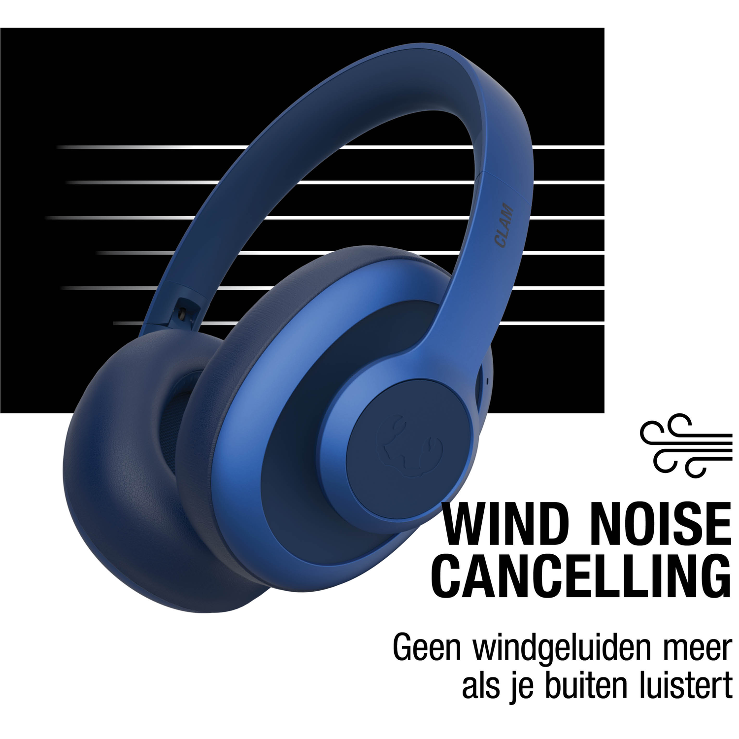 Blauwe koptelefoon op een zwart-witte achtergrond. Tekst luidt 'Wind Noise Cancelling'. Nederlandse tekst eronder.