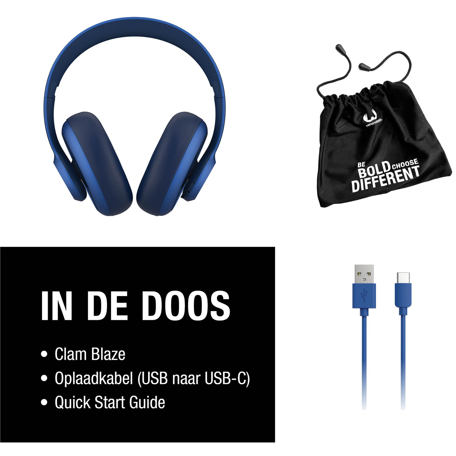 Blauwe koptelefoon, zwarte zak met tekst, blauwe USB-kabel, tekst op zwarte achtergrond: Clam Blaze, USB-kabel, snelstartgids.