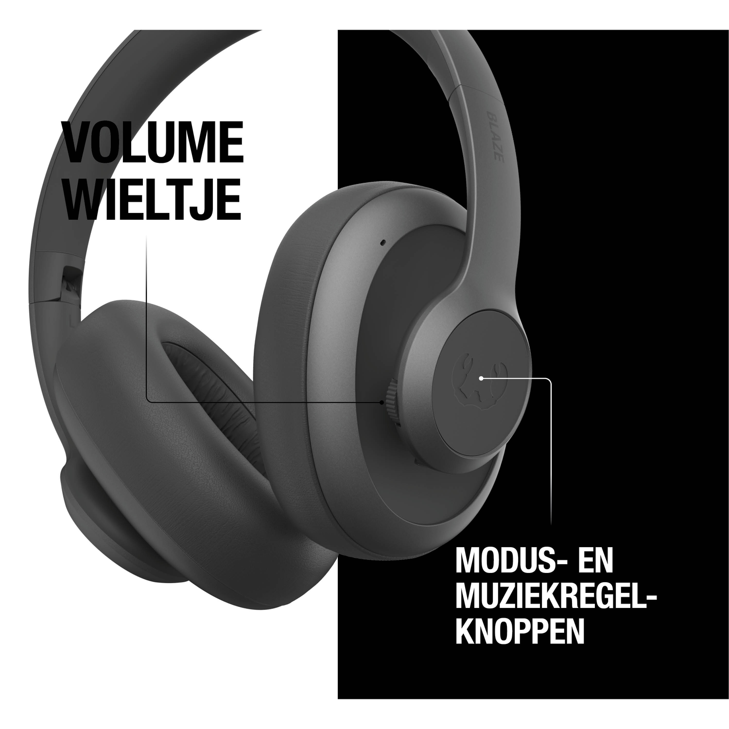 Grijze koptelefoon met labels 'VOLUME WIELTJE' en 'MODUS- EN MUZIEKREGEL- KNOPPEN' op een wit/zwarte achtergrond.