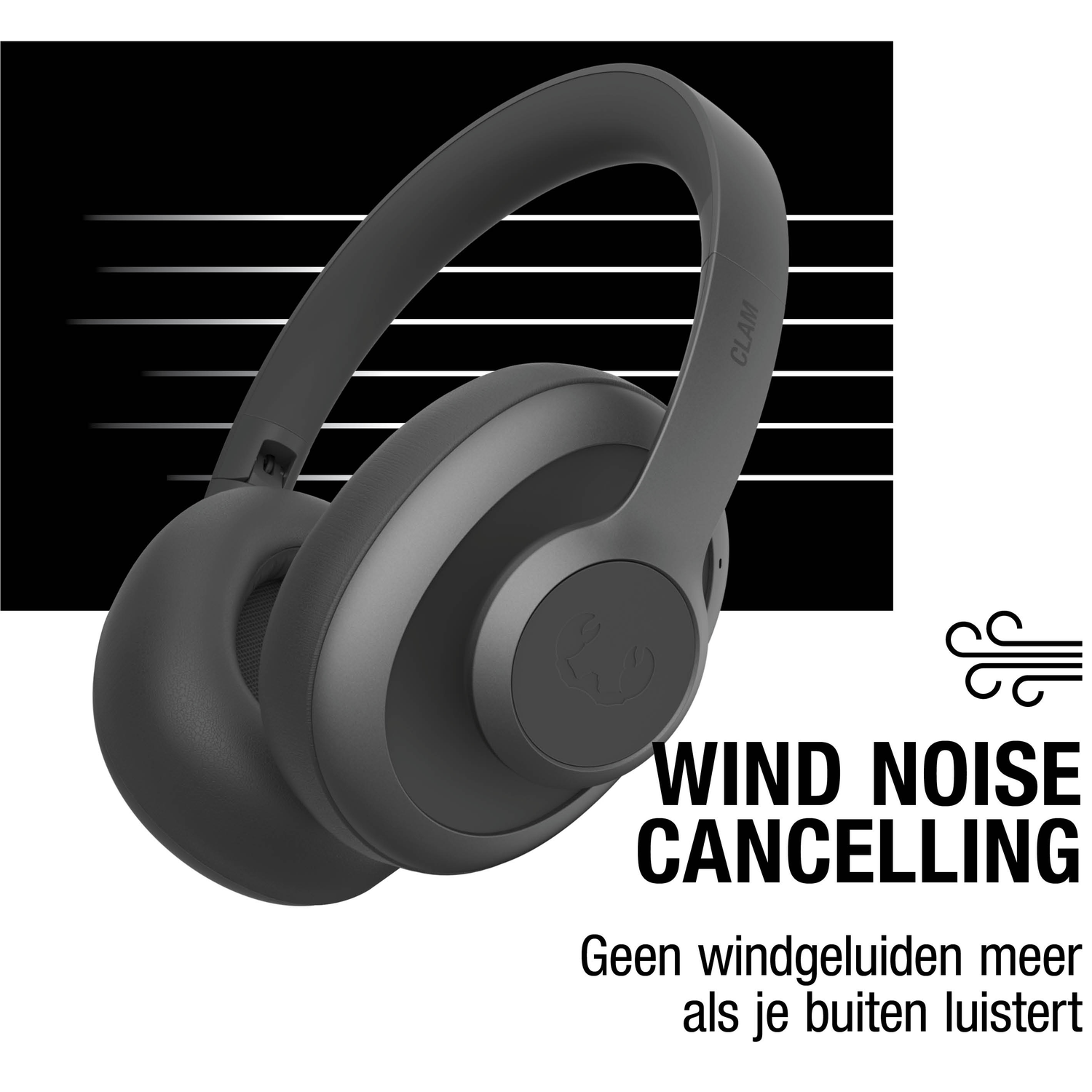 Grijze koptelefoon met 'CLAM'. Tekst 'WIND NOISE CANCELLING' en een Nederlandse zin over buiten luisteren.