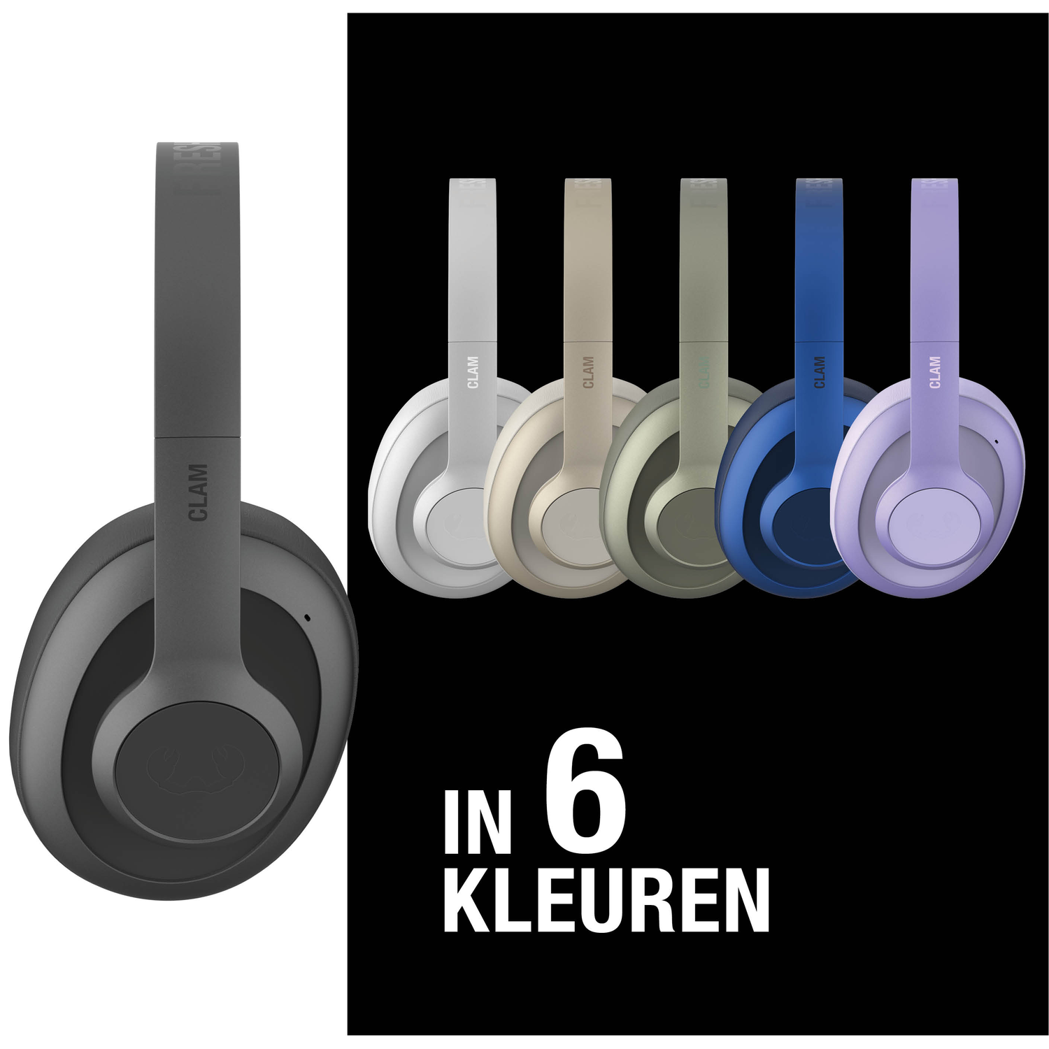 Afbeelding toont zes koptelefoons in verschillende kleuren: grijs, wit, beige, groen, blauw en paars. Tekst zegt 'IN 6 KLEUREN'.