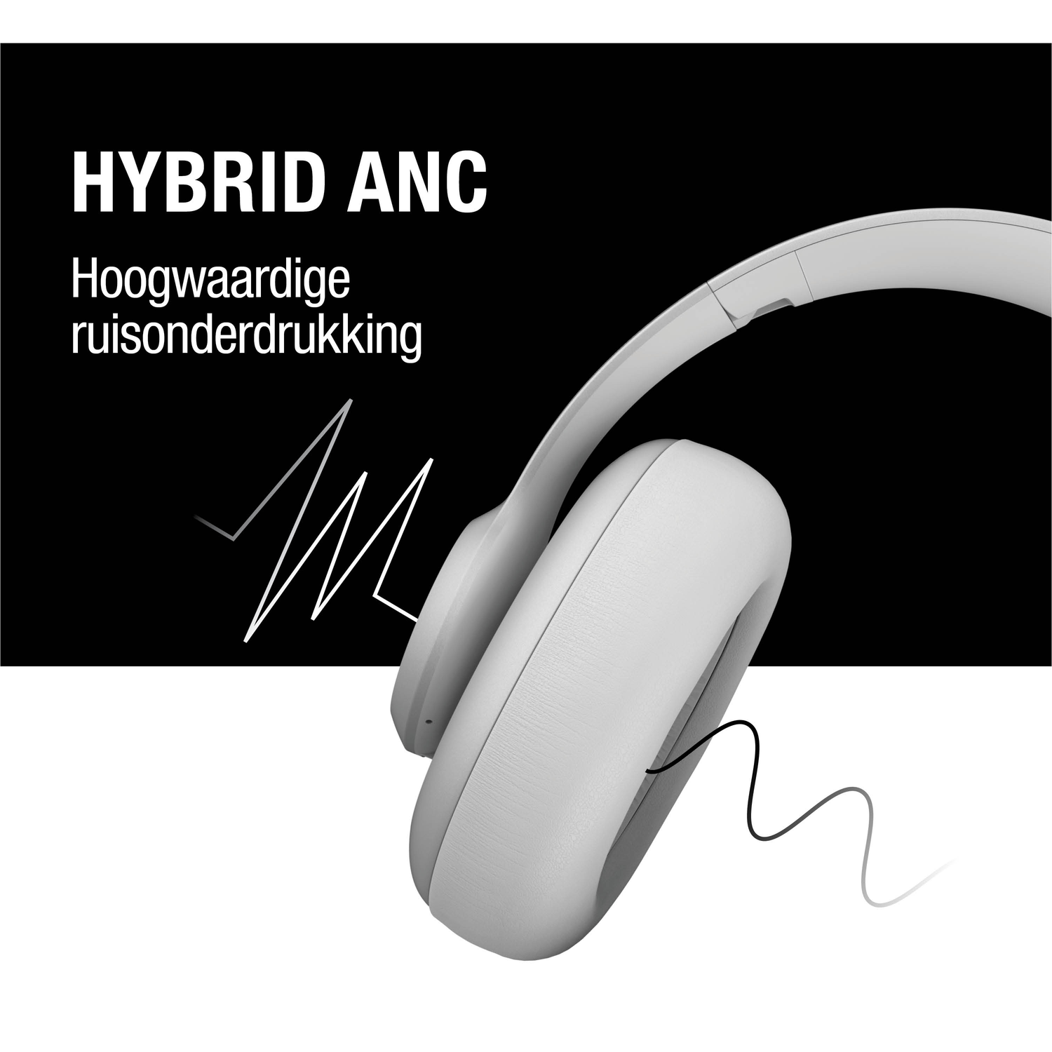 Witte koptelefoon met tekst 'HYBRID ANC' en 'Hoogwaardige ruisonderdrukking'. Een zwart-witte achtergrond met een geluidsgolf.