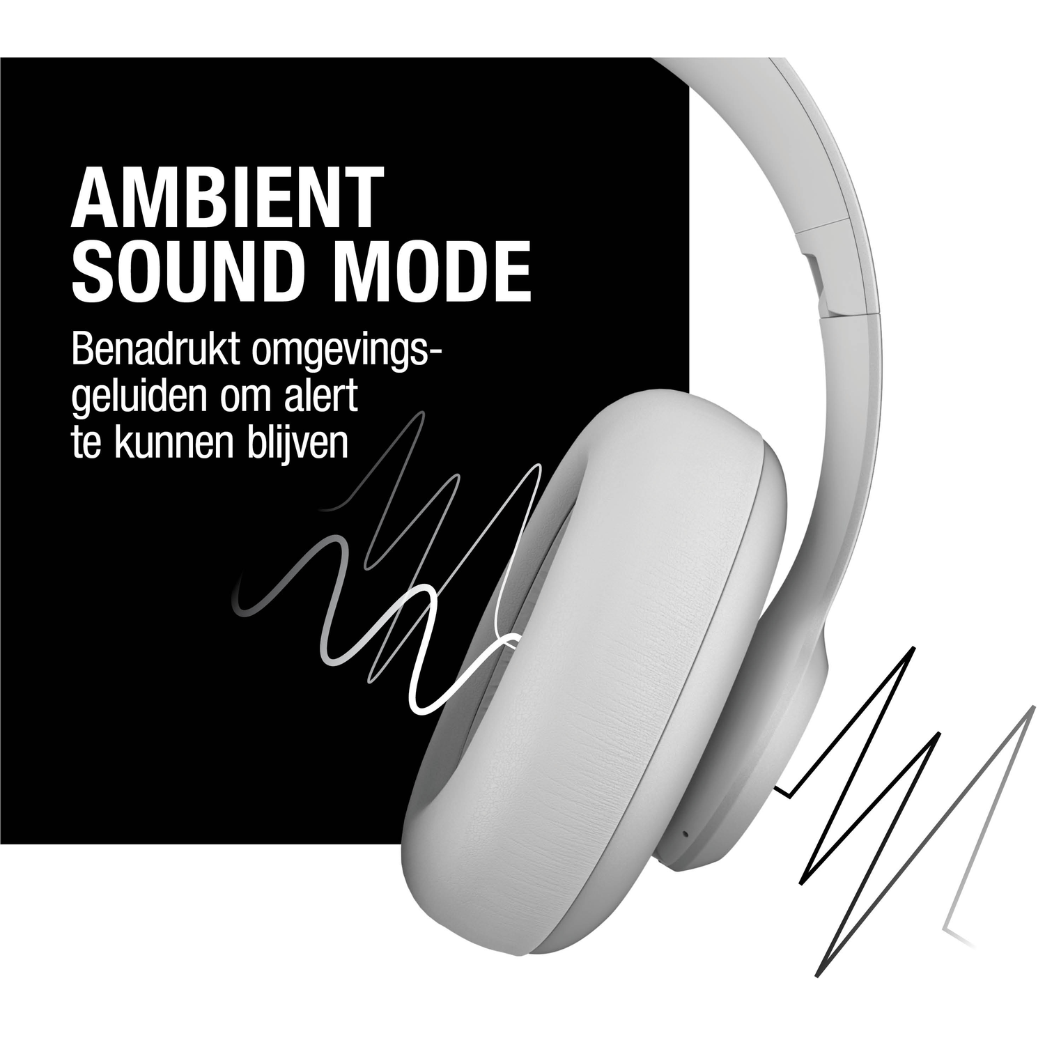 Witte koptelefoon met de tekst 'AMBIENT SOUND MODE'. Golven op een zwarte achtergrond. Nederlandse tekst is ook zichtbaar.