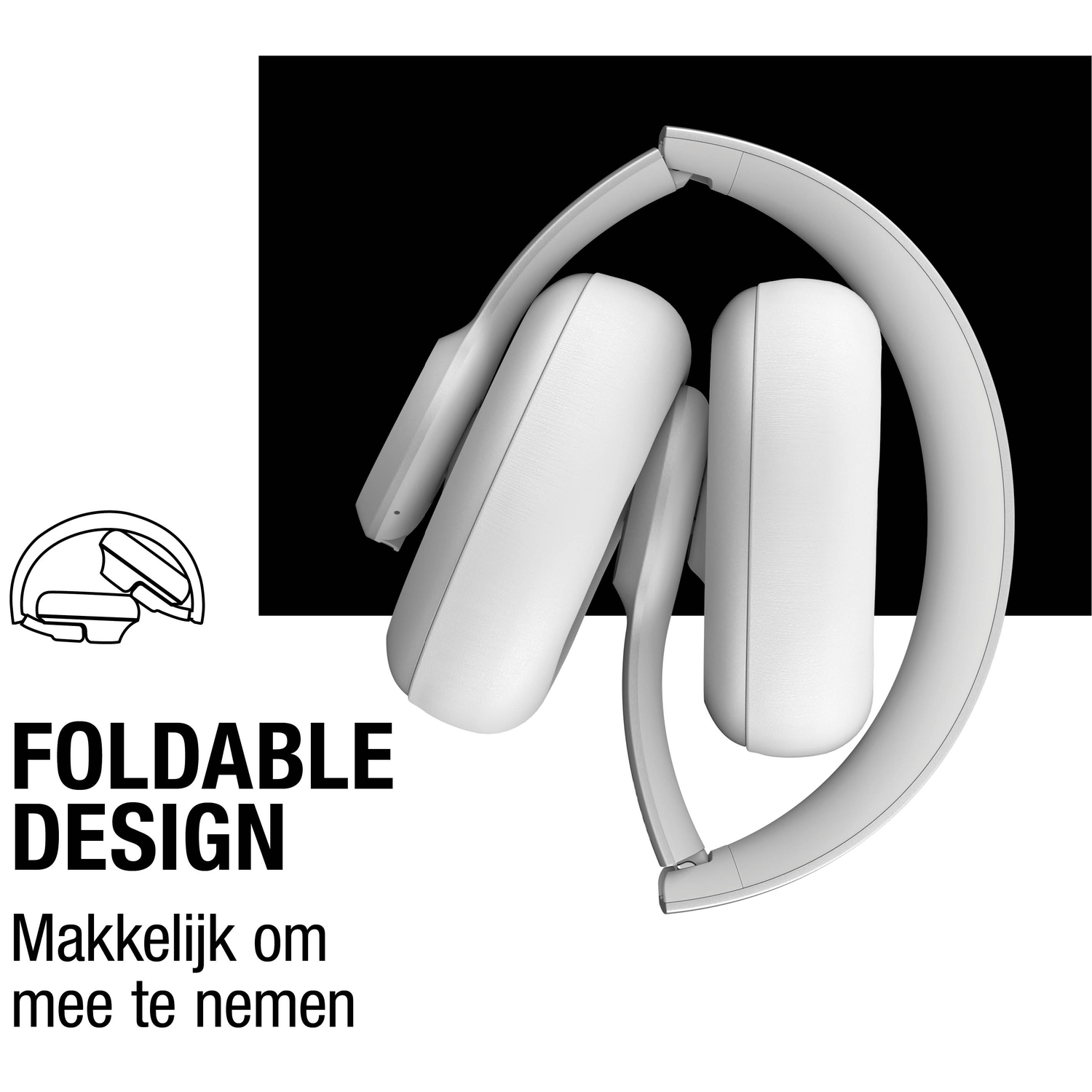 Witte opvouwbare koptelefoon op een zwart-witte achtergrond. Tekst luidt 'Opvouwbaar ontwerp' en 'Makkelijk mee te nemen'.