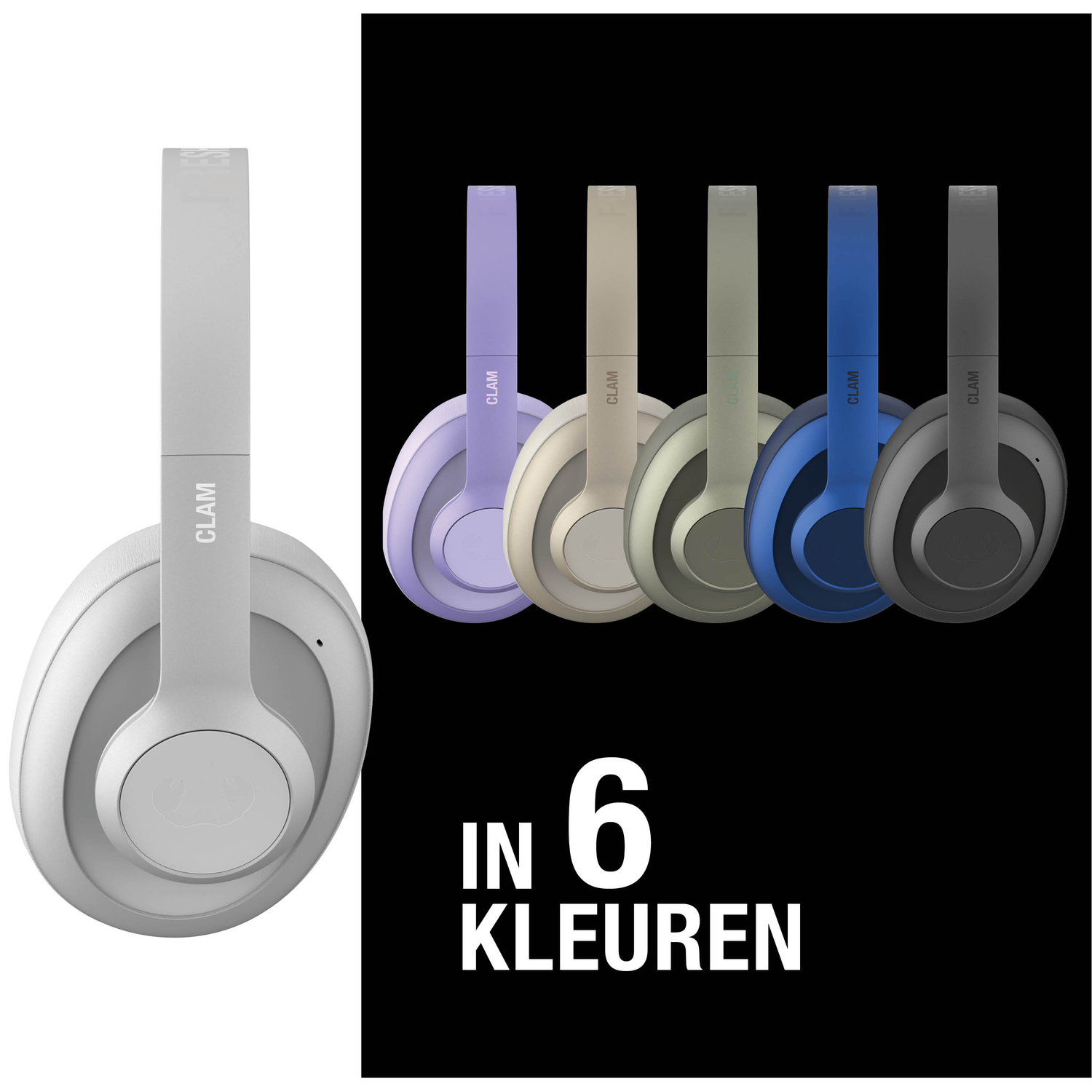 Afbeelding toont zes verschillende gekleurde koptelefoons. Eén is zilver. De tekst luidt 'IN 6 KLEUREN'.