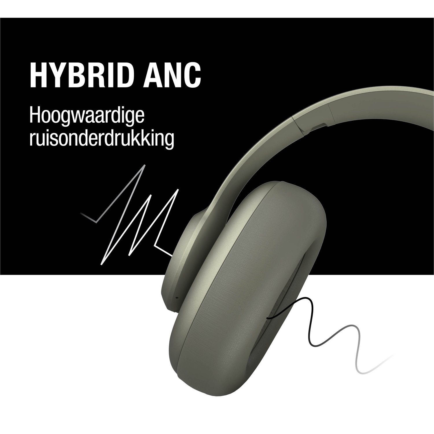 Grijze koptelefoon, met de tekst 'HYBRID ANC' en 'Hoogwaardige ruisonderdrukking'. Golflijnen en zwart-witte achtergrond.
