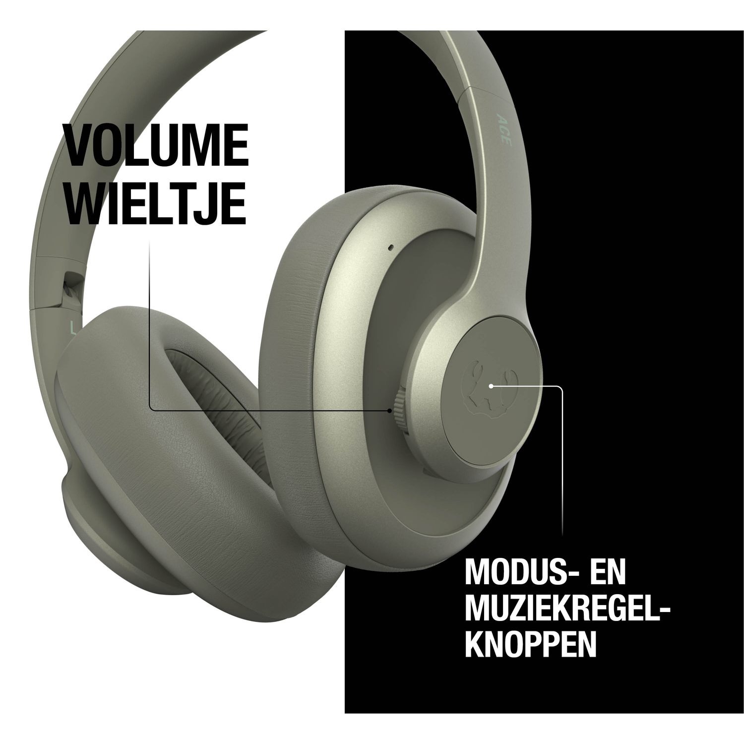 Close-up van olijfgroene koptelefoon. Tekstlabels geven 'volumewiel' en 'modus- en muziekbedieningsknoppen' aan.