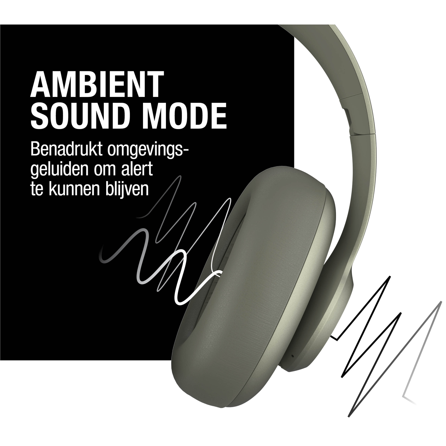 Hoofdtelefoon met tekst 'AMBIENT SOUND MODE'. Zwarte achtergrond met witte tekst en geluidsgolflijnen. Hoofdtelefoon is olijfgroen.