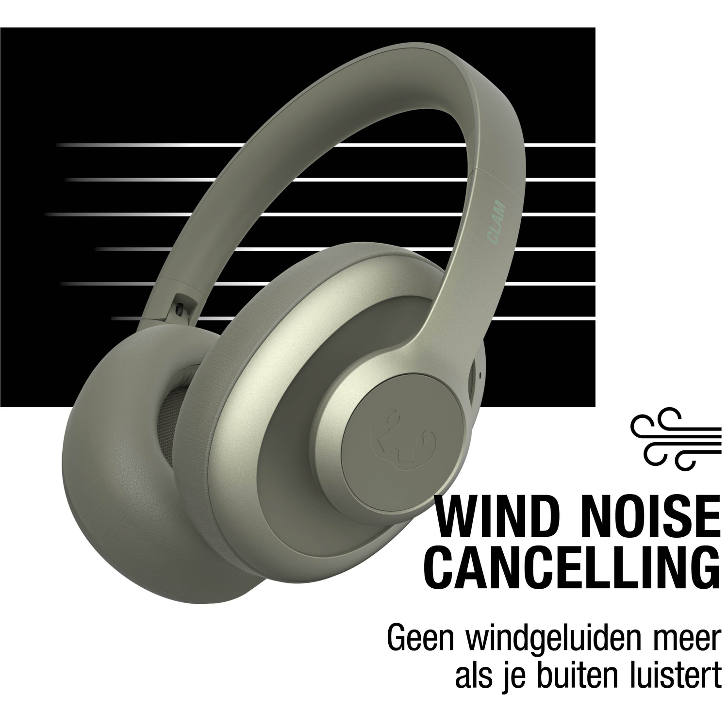 Olijfgroene koptelefoon met de tekst "WIND NOISE CANCELLING". De koptelefoon staat op een zwart-witte achtergrond.