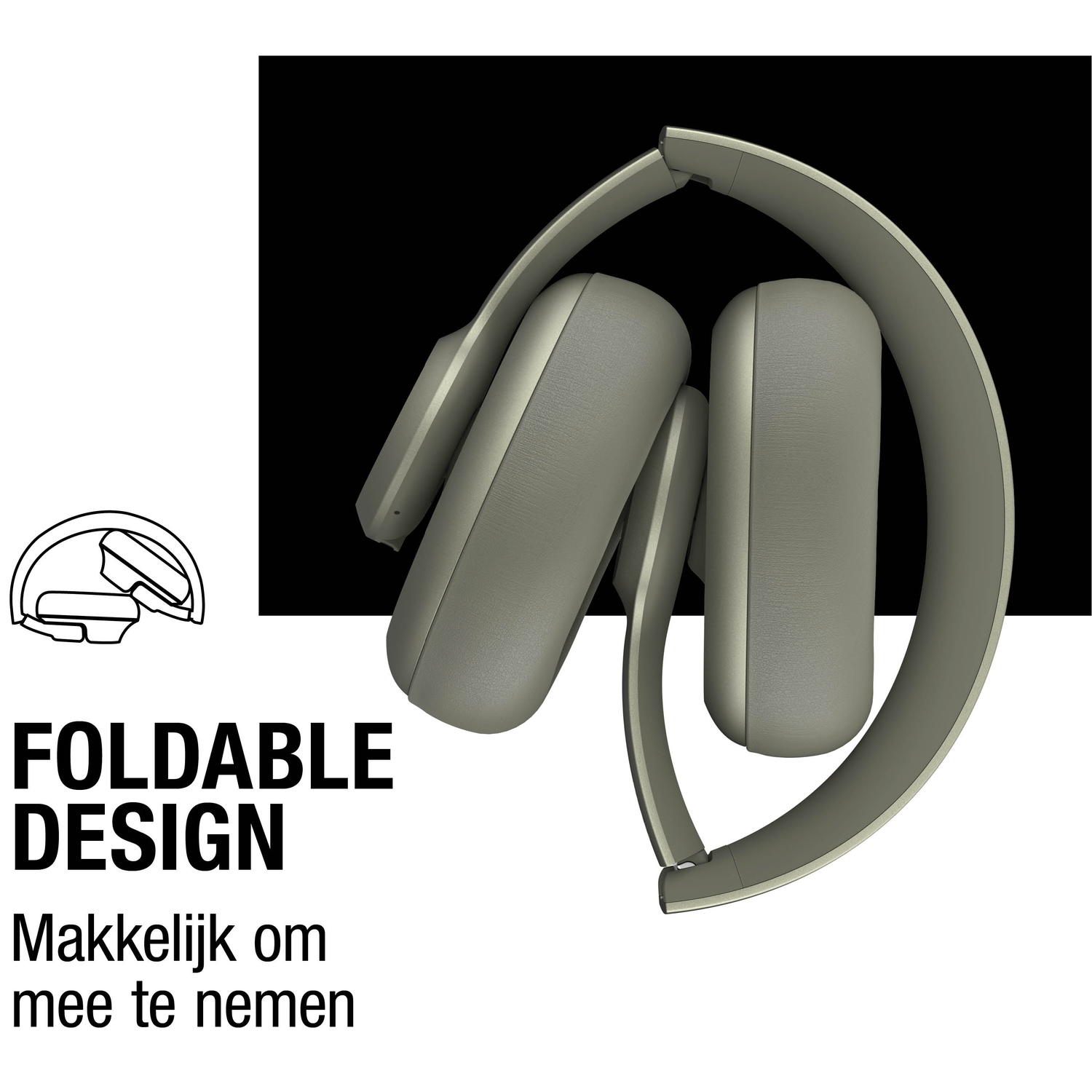 Opvouwbare koptelefoon in opgevouwen positie, grijze kleur, met de woorden 'Foldable Design' en 'Makkelijk om mee te nemen'.