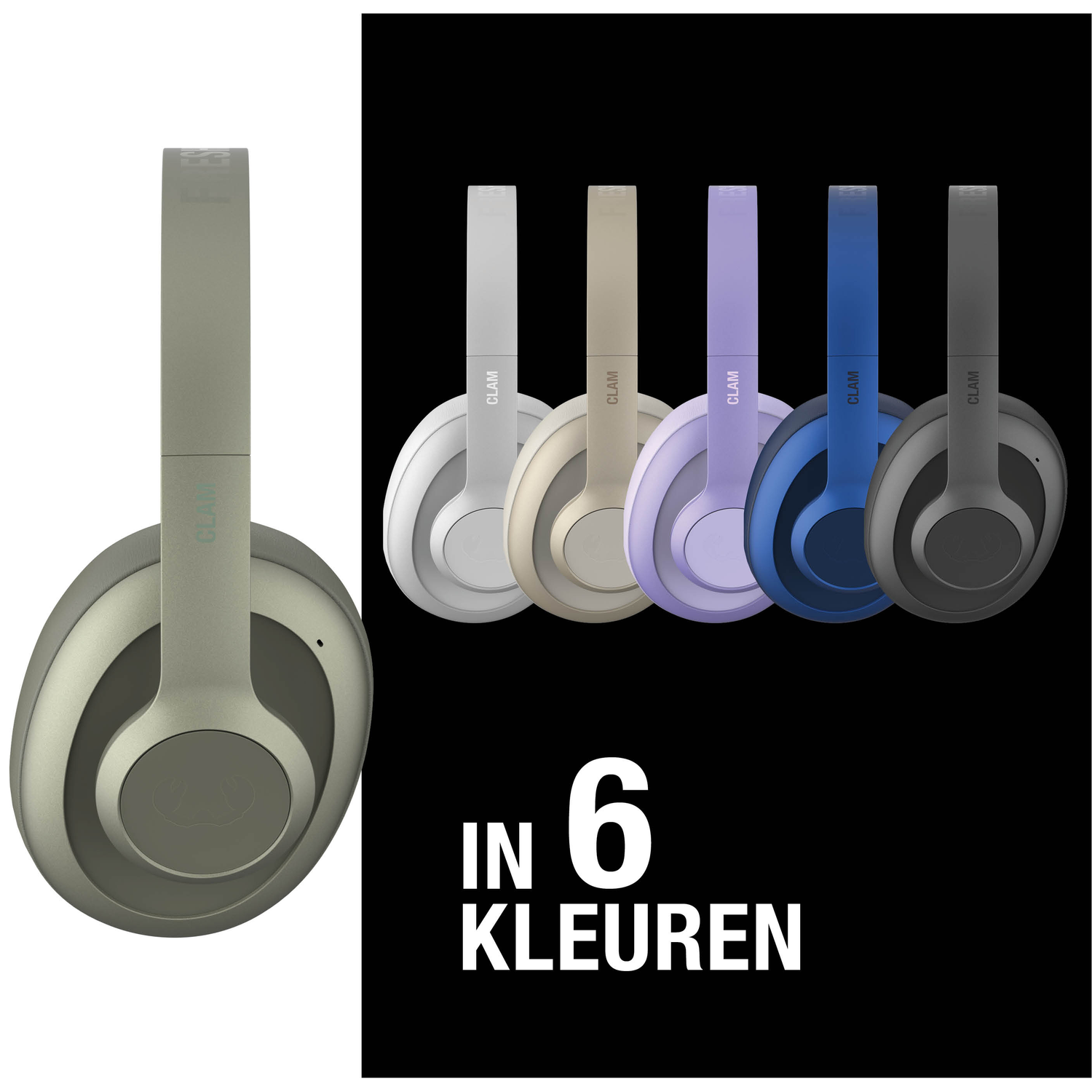 Afbeelding toont zes verschillend gekleurde koptelefoons. De tekst 'IN 6 KLEUREN' staat onder de koptelefoons op een zwarte achtergrond.