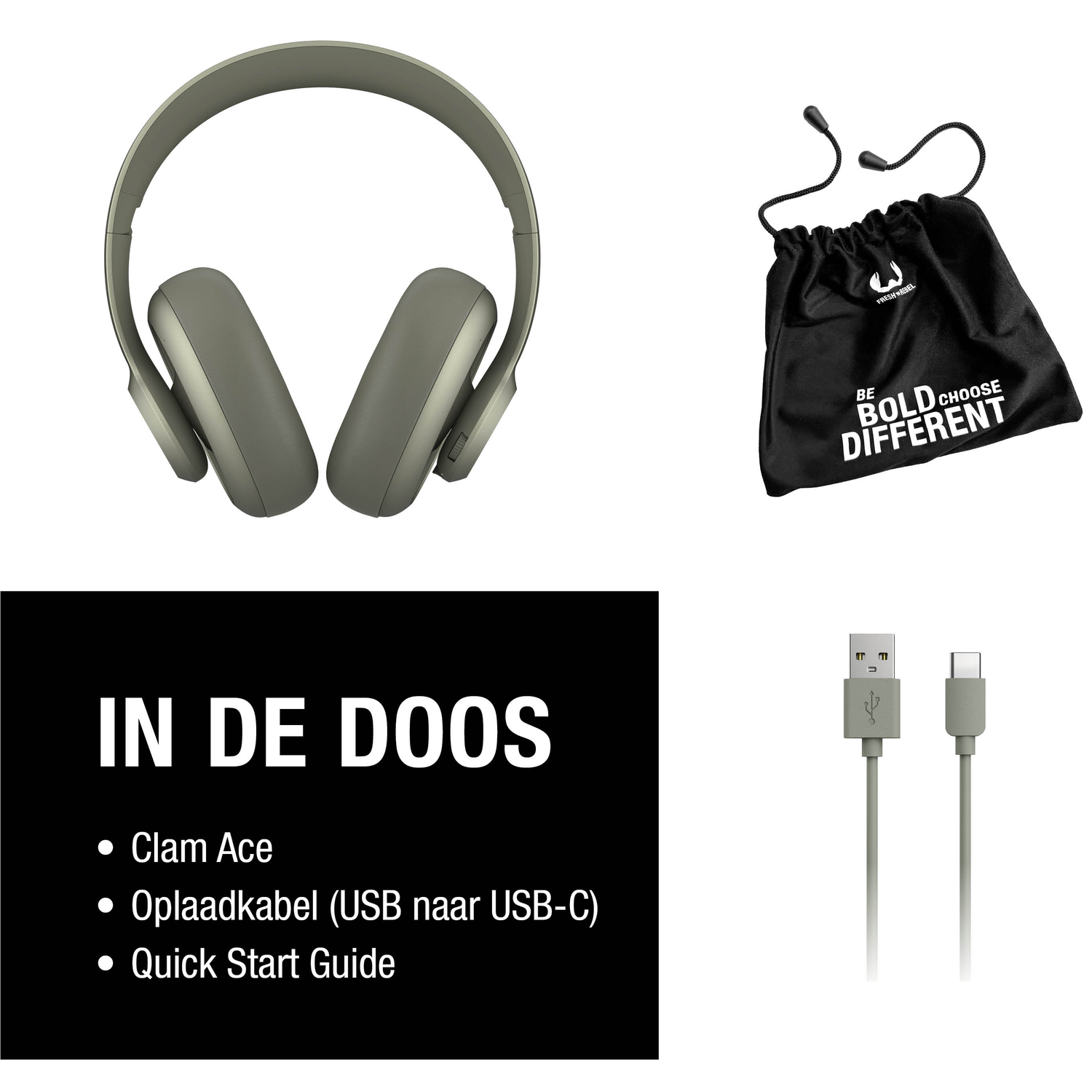 Olijfgroene koptelefoon, zwarte zak, USB-C kabel en een tekstlijst op zwarte achtergrond.