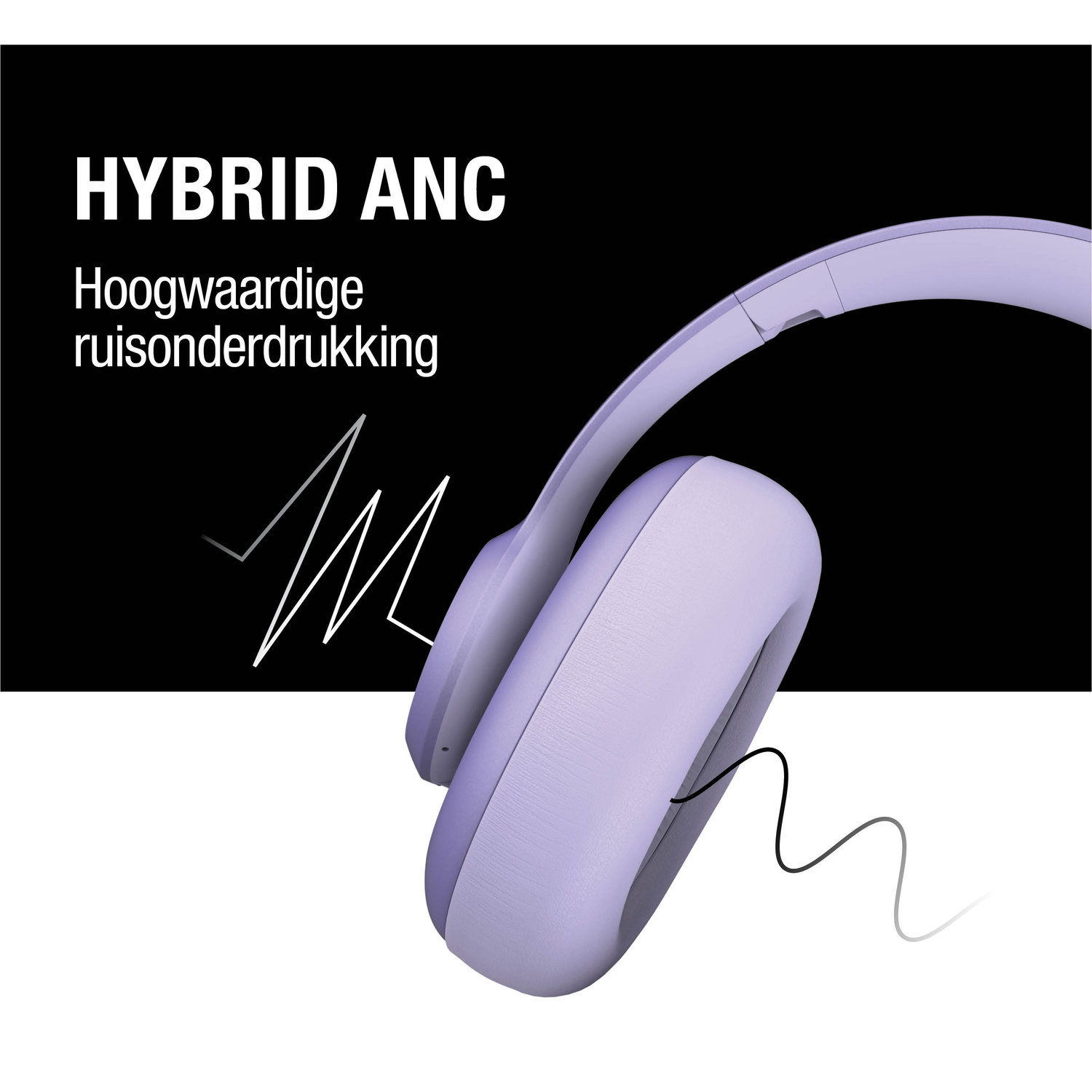 Een lichtpaarse koptelefoon ligt op een witte ondergrond. Linksboven staat de tekst "HYBRID ANC" en "Hoogwaardige ruisonderdrukking".
