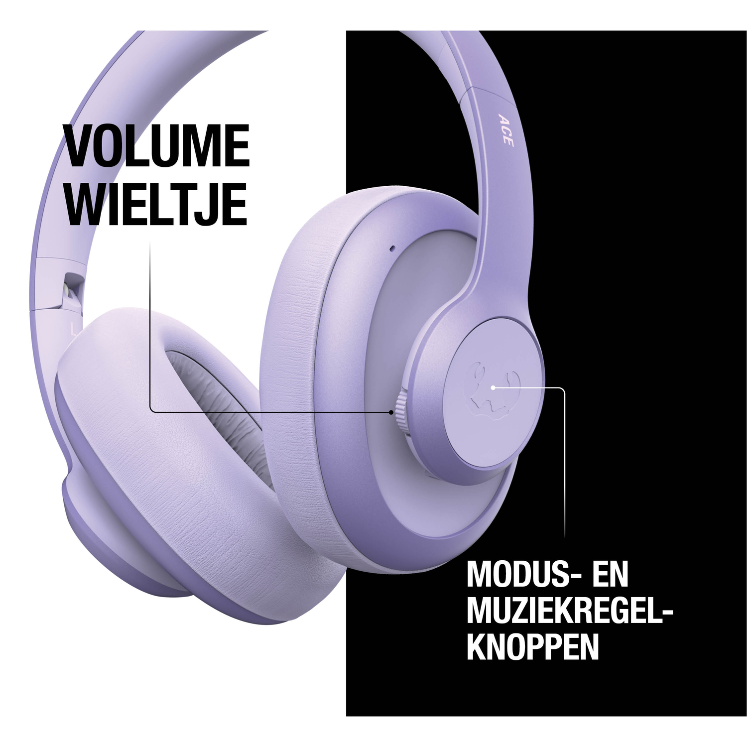 Een close-up van een lichtpaarse koptelefoon. Labels wijzen op volumeregeling en modus/muziekbedieningsknoppen. De achtergrond is half wit en half zwart.