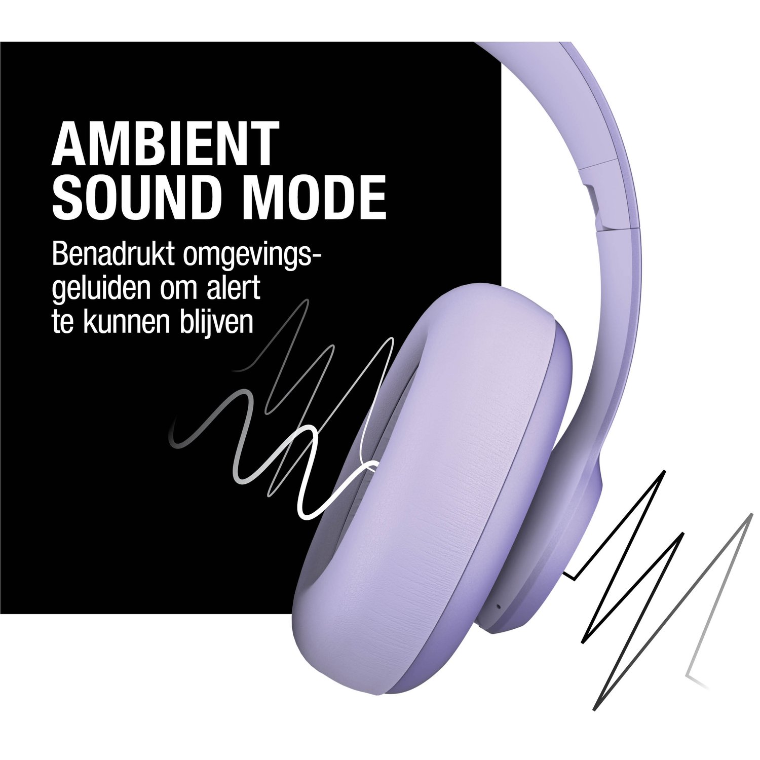 Een paarse headset op een witte achtergrond. Tekst luidt 'Ambient Sound Mode' en tekst in het Nederlands. Golflijnen komen uit de headset.