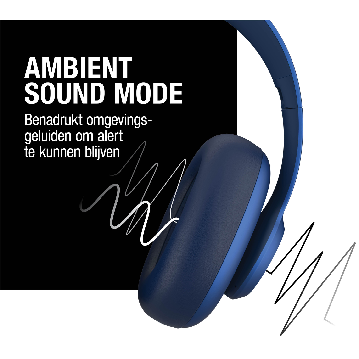 Blauwe koptelefoon met 'Ambient Sound Mode' tekst. Golflijnen en tekst in het Nederlands op een zwarte achtergrond, op een witte achtergrond.