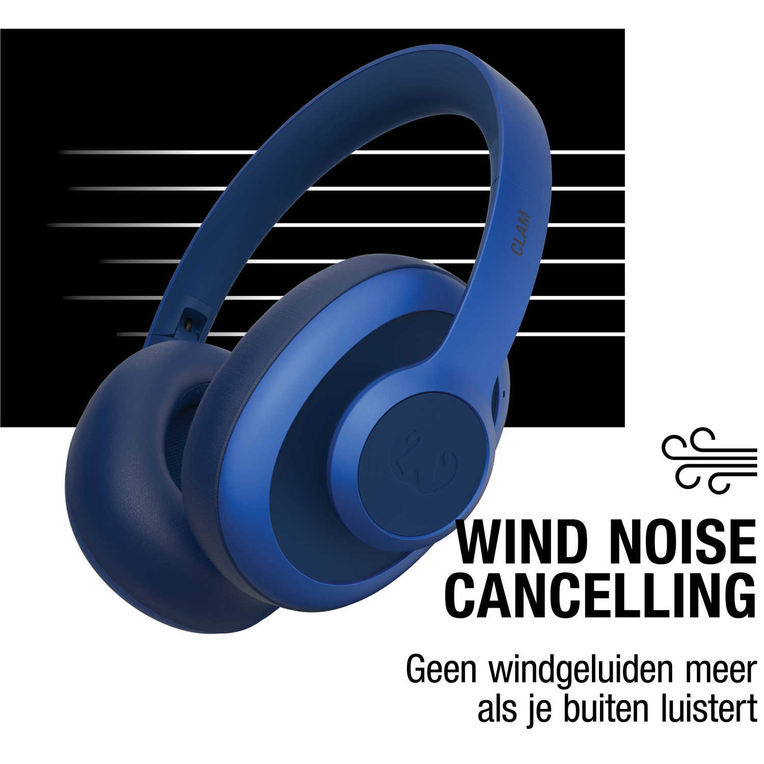 Blauwe koptelefoon met windruisverwijdering. Tekst zegt 'Wind Noise Cancelling'. Nederlandse tekst eronder.