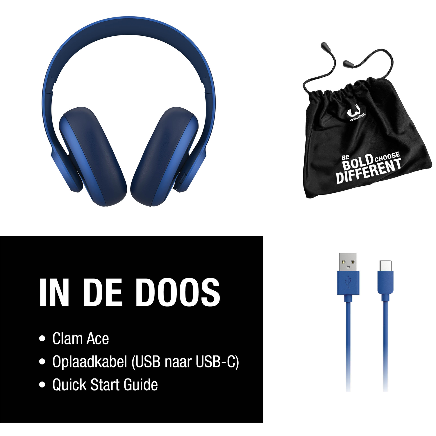 Afbeelding toont blauwe koptelefoon, zwarte tas met tekst, oplaadkabel en een tekstblok met de meegeleverde items.