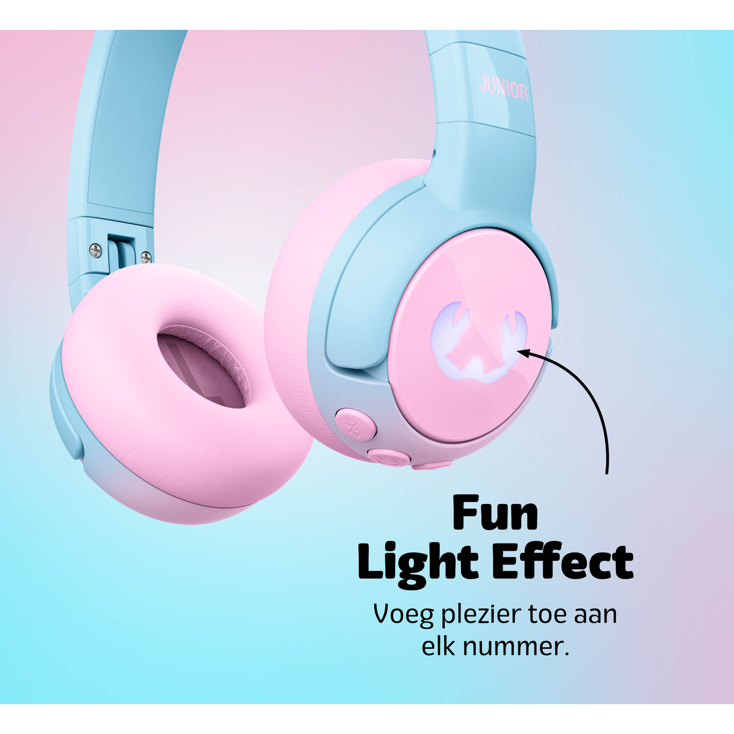 Blue and pink headphones with a fun light effect. The headphones have the word 'JUNIOR' on them.