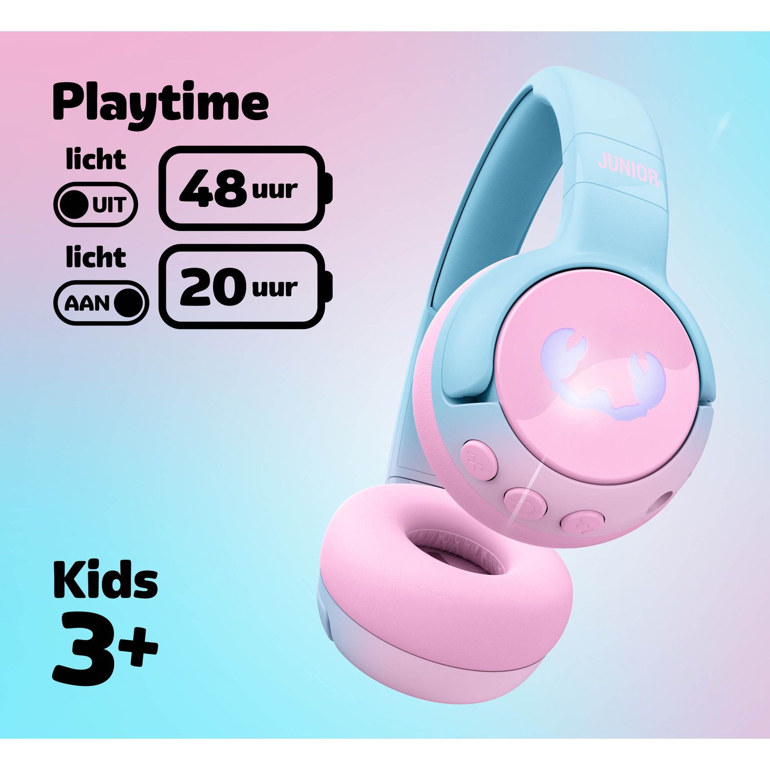 Pink and blue kids headphones with 'Playtime' text, battery life indicators, and 'Kids 3+' label against a gradient background.