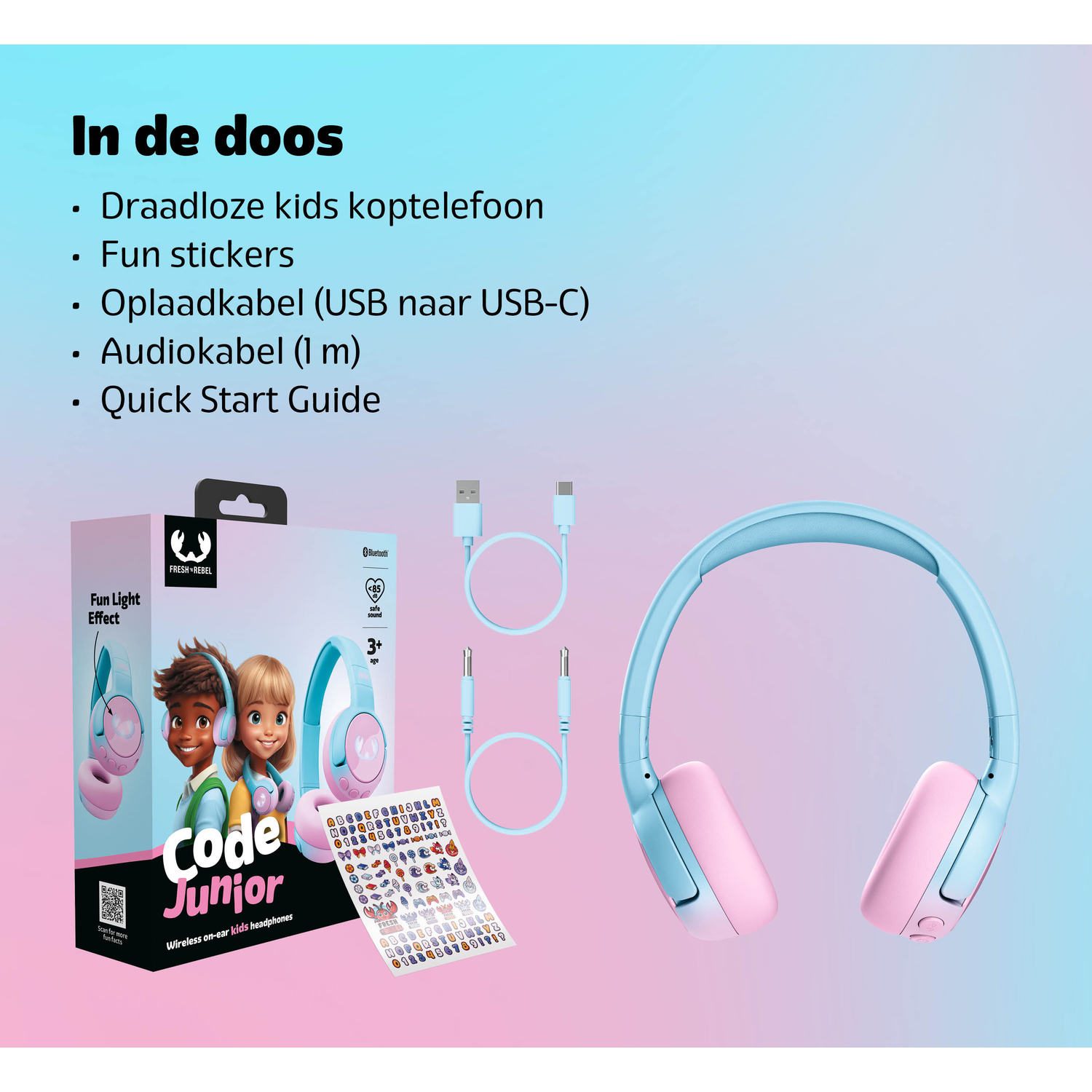 Image shows a blue and pink kids headphone, a box and accessories. Text: wireless headphones, fun stickers, and charging cable.
