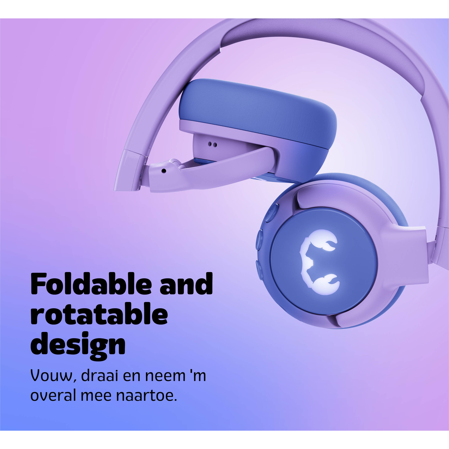 Headphones, purple and blue, with a rotating design. Text says 'Foldable and rotatable design' in black.