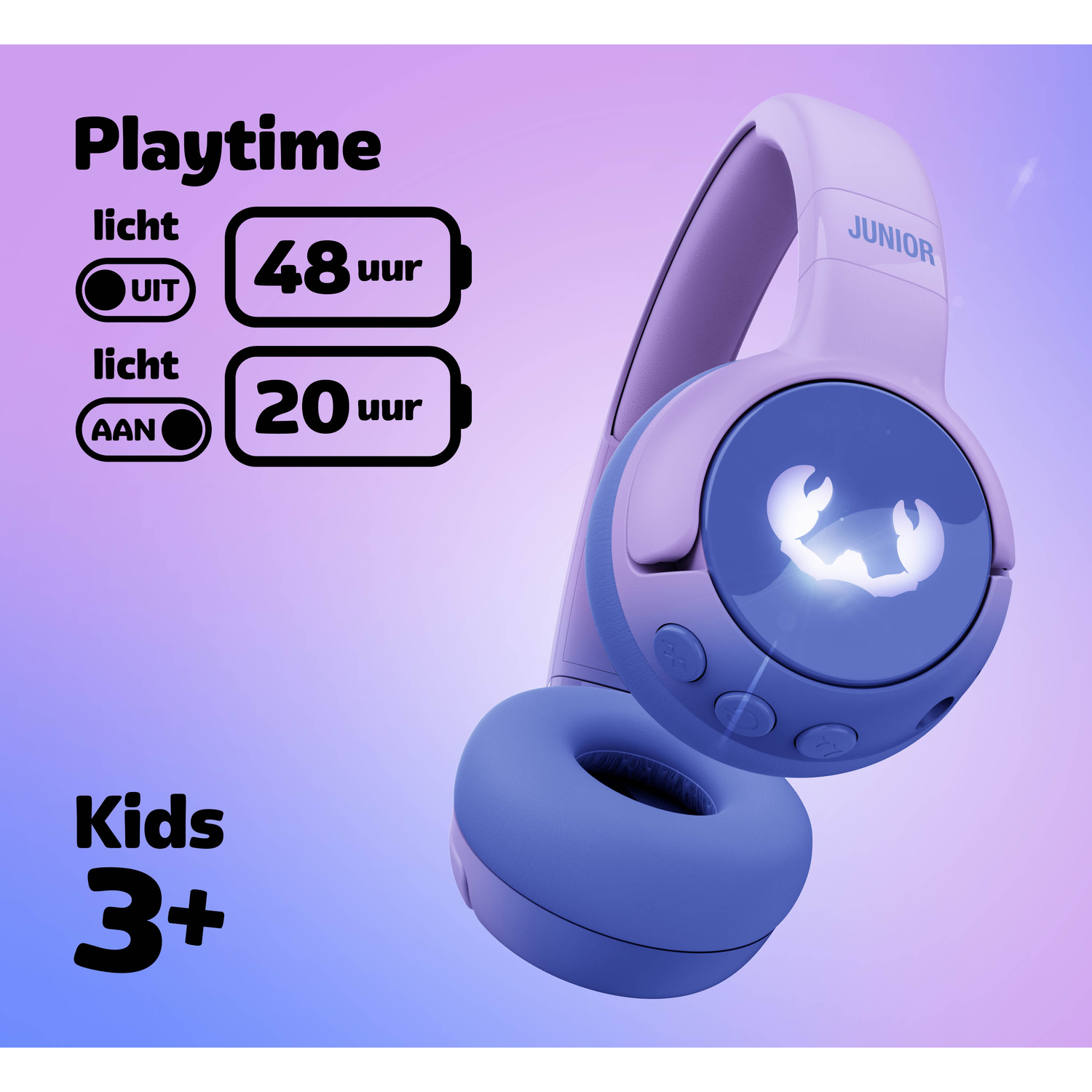 Blue and purple kids' headphones with 3+ age range. Playtime info shows 48 hours battery with light off and 20 hours with light on.