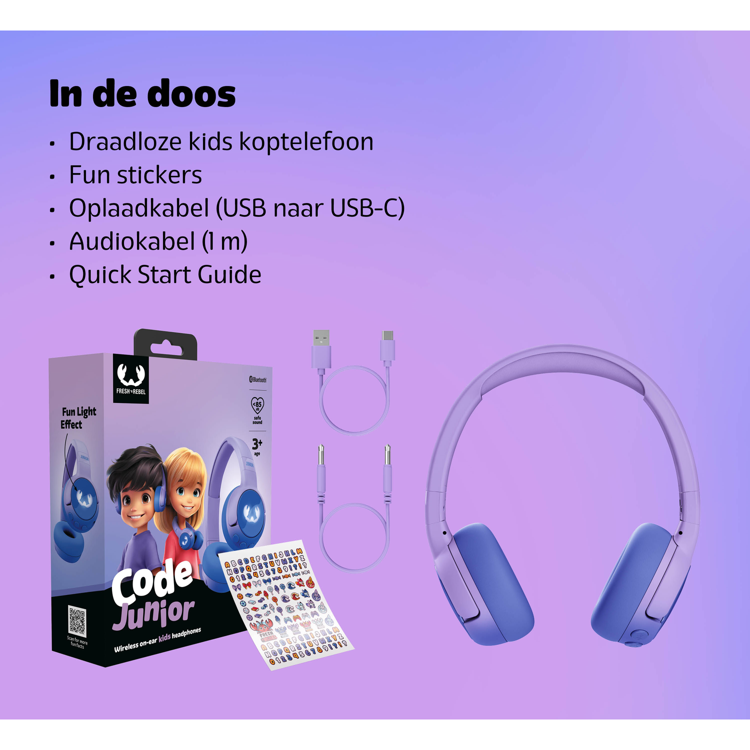 Image shows a purple and blue kids' headphone set with accessories like stickers and cables, on a purple gradient background.
