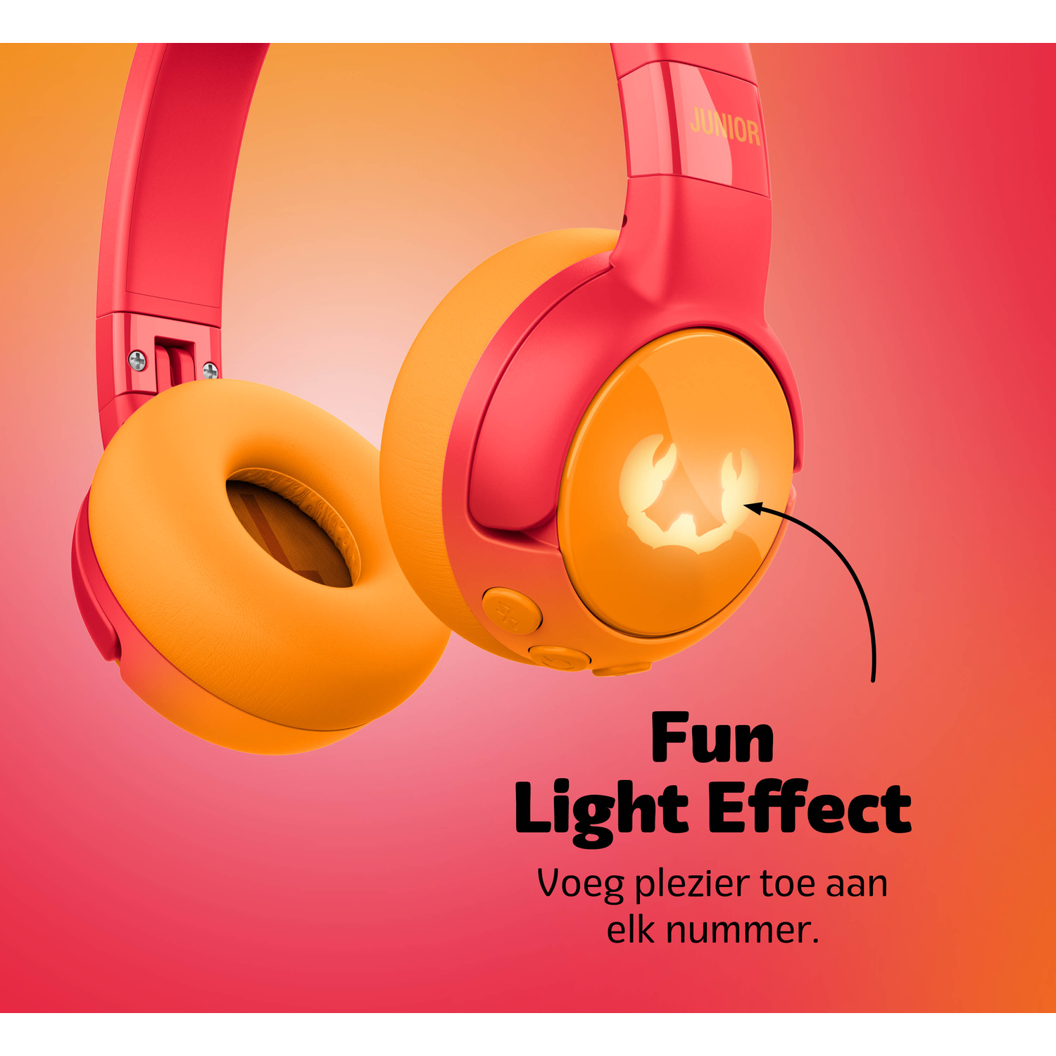 Red and orange headphones with a fun light effect on a gradient background. Text reads: Fun Light Effect.